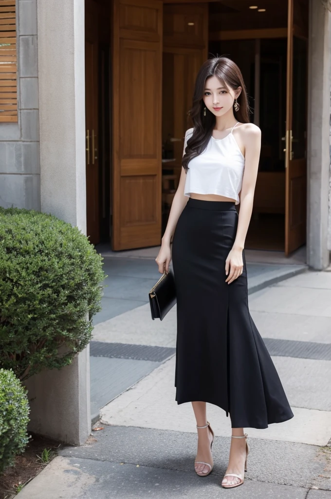 Beautiful tall and thin long skirt, short top and high heels
