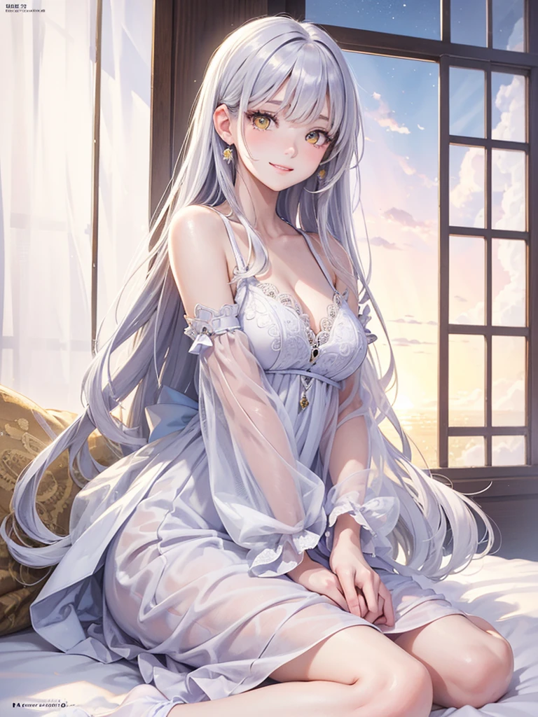 masterpiece、Highest quality、High resolution、High-quality images、8K, One 、Skin Radiance、Texture of skin and clothing、Expression of fine eyes、Silver Hair,Long Hair Girl, Manga inspired by Lee Jong-suk, Trending on deviantart, Realism, detailed manga style, Manga art style, Perfect Line Drawing, Beautiful line art, digital manga art girl, dress, Beautiful yellow eyes, Fuller lips, Gorgeous face with attention to detail, (Cute Smile), charm, Innocent, Side view, (Perfectly detailed face), (Beautiful Hands) Photorealistic images, Written boundary depth, moonlight