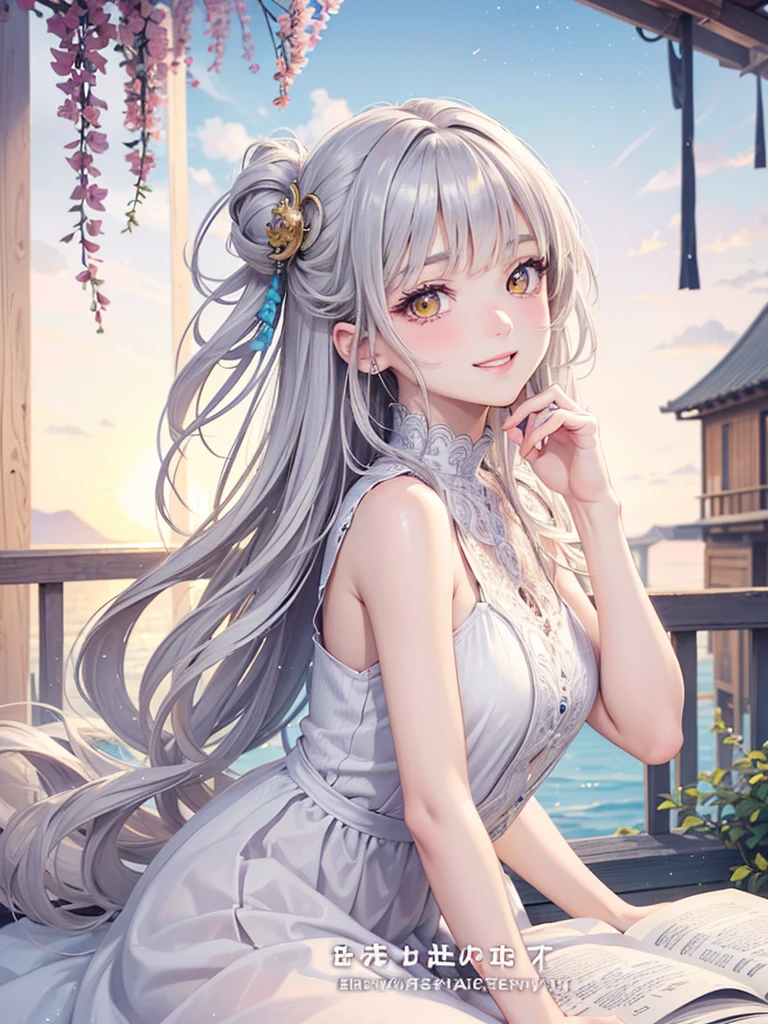 masterpiece、Highest quality、High resolution、High-quality images、8K, One 12-year-old girl、Skin Radiance、Texture of skin and clothing、Expression of fine eyes、Silver Hair,Long Hair Girl, Manga inspired by Lee Jong-suk, Trending on deviantart, Realism, detailed manga style, Manga art style, Perfect Line Drawing, Beautiful line art, digital manga art girl, dress, Beautiful yellow eyes, Fuller lips, Gorgeous face with attention to detail, (Cute Smile), charm, Innocent, Side view, (Perfectly detailed face), (Beautiful Hands) Photorealistic images, Written boundary depth, moonlight