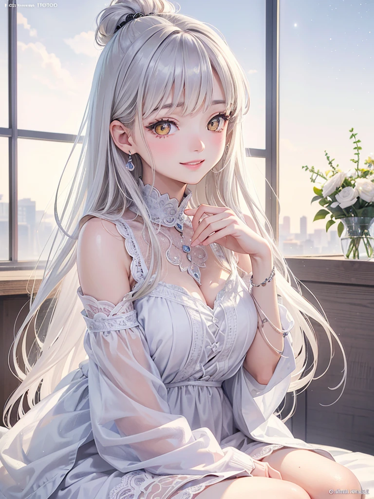 masterpiece、Highest quality、High resolution、High-quality images、8K, One 12-year-old girl、Skin Radiance、Texture of skin and clothing、Expression of fine eyes、Silver Hair,Long Hair Girl, Manga inspired by Lee Jong-suk, Trending on deviantart, Realism, detailed manga style, Manga art style, Perfect Line Drawing, Beautiful line art, digital manga art girl, dress, Beautiful yellow eyes, Fuller lips, Gorgeous face with attention to detail, (Cute Smile), charm, Innocent, Side view, (Perfectly detailed face), (Beautiful Hands) Photorealistic images, Written boundary depth, moonlight