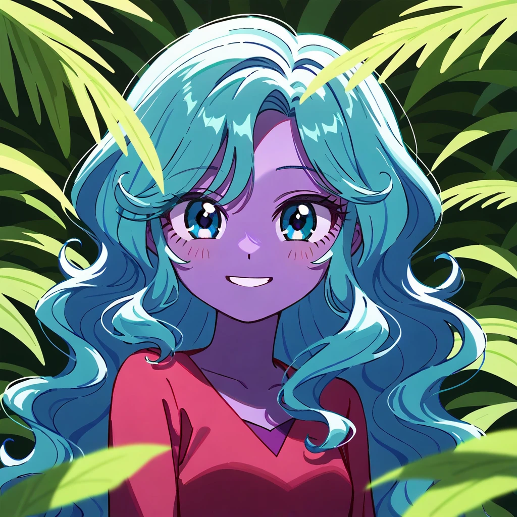 Red dress, dark purple skin, lush wavy hair, blue hair, Blue eyes, Equestria girls, without bangs, smile