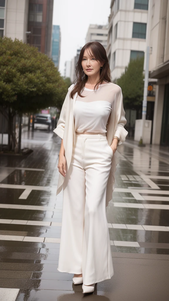 ((Highest quality)), ((8K)), ((masterpiece: 1.3)), (Perfect appearance), (Photorealism: 1.6), (TIF), (JMA), (Rainy city street corner), (雨に濡れて歩く1人のJapanese Mature), BREAK(傘無しで歩くJapanese Mature),BREAK (Sidewalk in an office district), (Detailed Background), (Heavy rain), (Soaking wet), (Full body portrait), (60 years old, Japanese Mature), ((Realistic skin texture)), (Fine wrinkles all over the skin), (Dullness), (Facial wrinkles), (Wrinkles around the eyes), double eyelid, Tear bags under the eyelids, Melancholic expression, Raindrops running down my face, Short bangs, Straight Long Hair, Rain-soaked hair, (Raindrops on hair), (Sexy blouse), (Pale beige flared pants), (Shirts that get wet and adhere to the skin), (A wet shirt is transparent), (Wet flare pants are visible through the fabric), High heels,