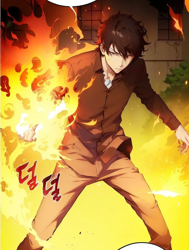 a cartoon image of a man in a brown shirt and beige pants, fire!! whole body, tower of god, fire behind him, shuushuu anime image, anime style like fate/stay overnight, epic anime style, manhwa, heise jinyao, tanjiro kamado, profile photo 1024px, Shinkai Makoto