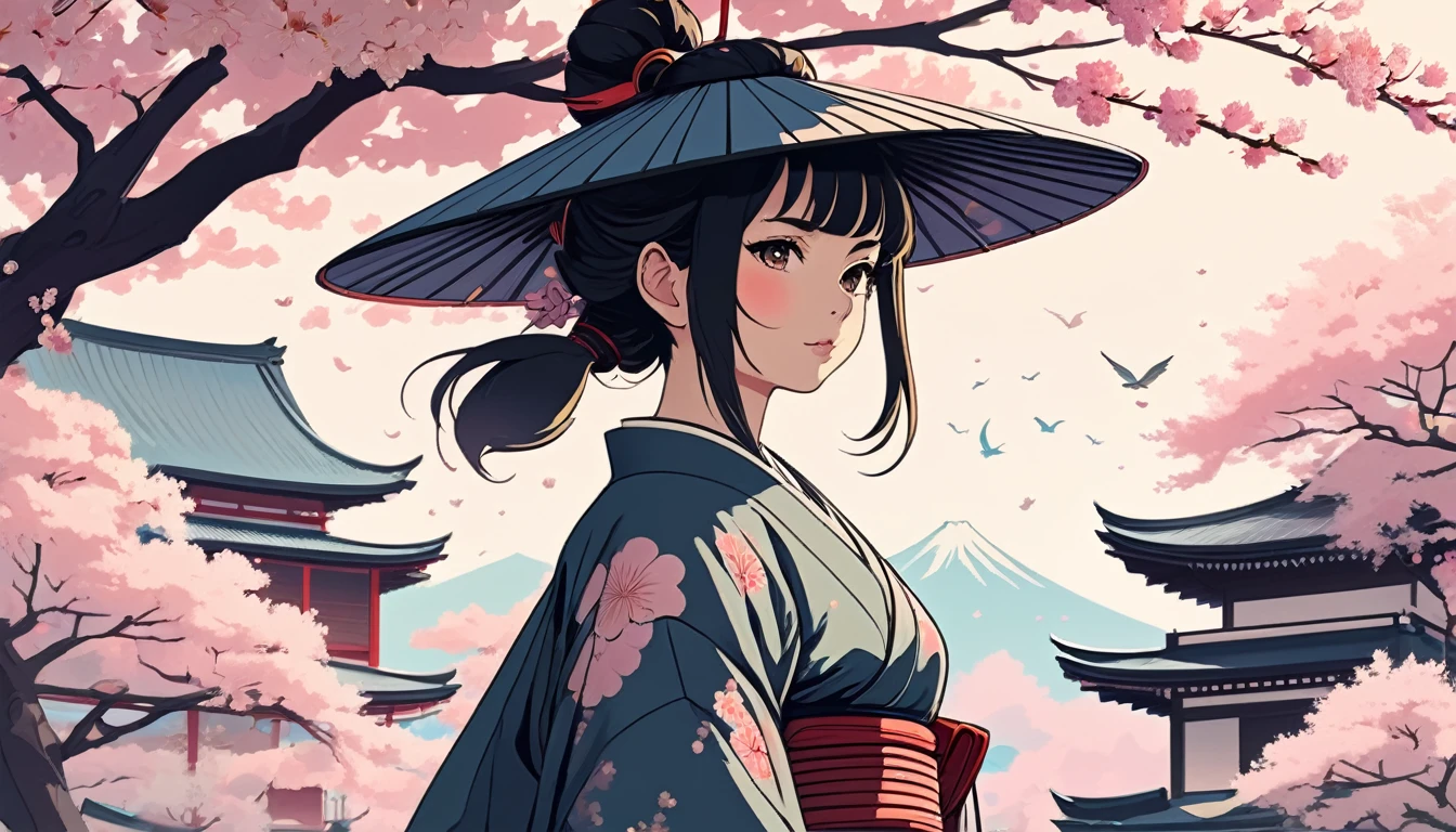 Female samurai,Background is cherry blossoms and a Japanese temple、 Wide-angle lens, Lofi Anime, Lofi illustration, Aesthetic atmosphere, Lo-Fi Style, Vector art, Flat Design, Simple shape, Warm tones, Pleasant atmosphere, Chill, In anime style, Digital drawing, Vector art, Vector logo for t-shirt printing, (Adorable:1.5), (small:1.4), (Playful:1.2), (soft:1.3), (Whimsical:1.1), masterpiece, Highest quality, 8K, Intricate details, grow, Celestial, Mysterious, Picturesque, amazing, Majestic, Magic, Fantasy art, Cover art, dream-like