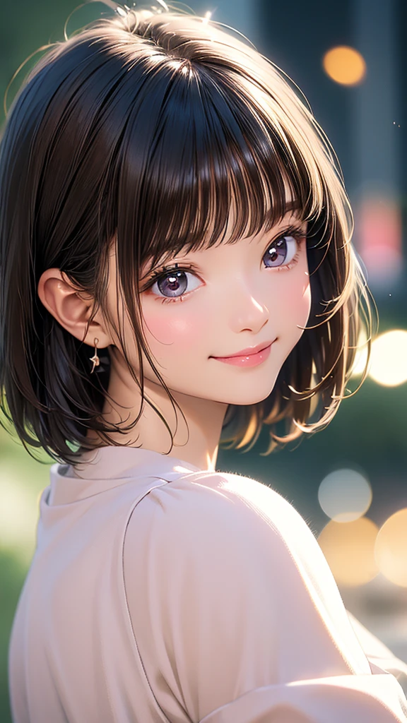 masterpiece、High resolution、High resolution、High resolution、1 female、Very close、((Depiction of only the upper body))、((Brown Hair、short hair、Shortcuts))、A kind smile、Smiling with teeth showing、Pink Lip Gloss、((Late Night City))、