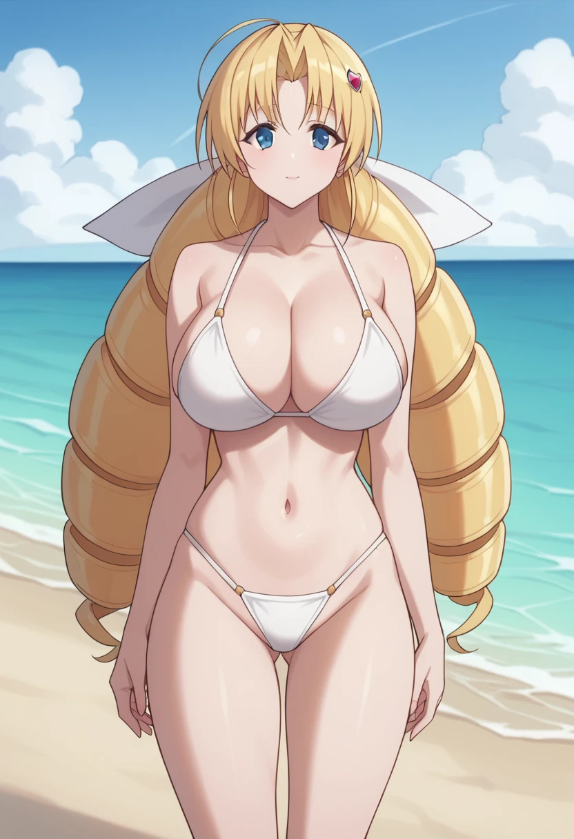 sernia_iori_flameheart, blonde hair, huge breasts, white bikini, drill hair, hair ornament, long hair, beach, masterpiece, best quality