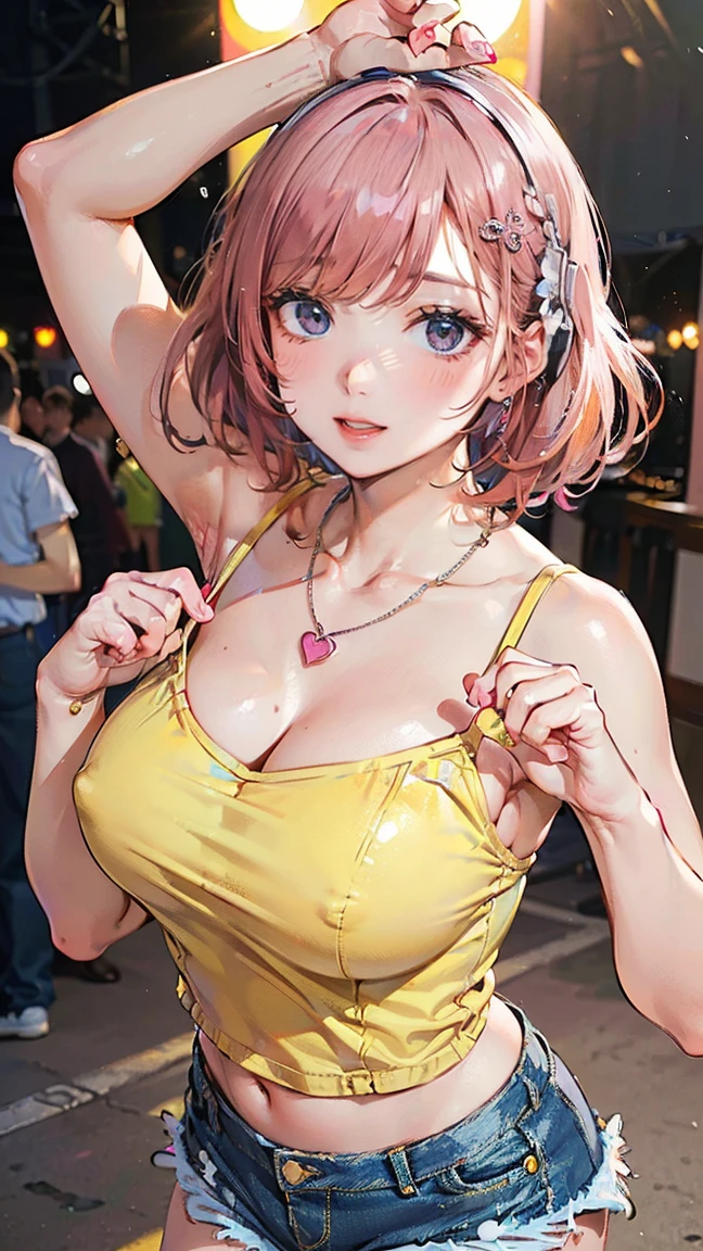 (Masterpiece, BestQuality:1.3), (ultra detailed:1.2), (hyperrealistic:1.3), (RAW photo:1.2), High detail RAW color photo, professional photograph, (Photorealistic:1.4), (realistic:1.4), (Pink Hair:1.5), professional lighting, perfect anatomy, (Big Breasts:1.2), (blush, detailed face), (A happy smile:1.7), sexly, erotic sexly, Random sexy gravure poses, (A beautiful, refreshing girl wearing a pastel yellow camisole and denim shorts、Enjoying music and dancing at a festival、Heart-shaped necklace、Dancing pose with hands up。:1.3)