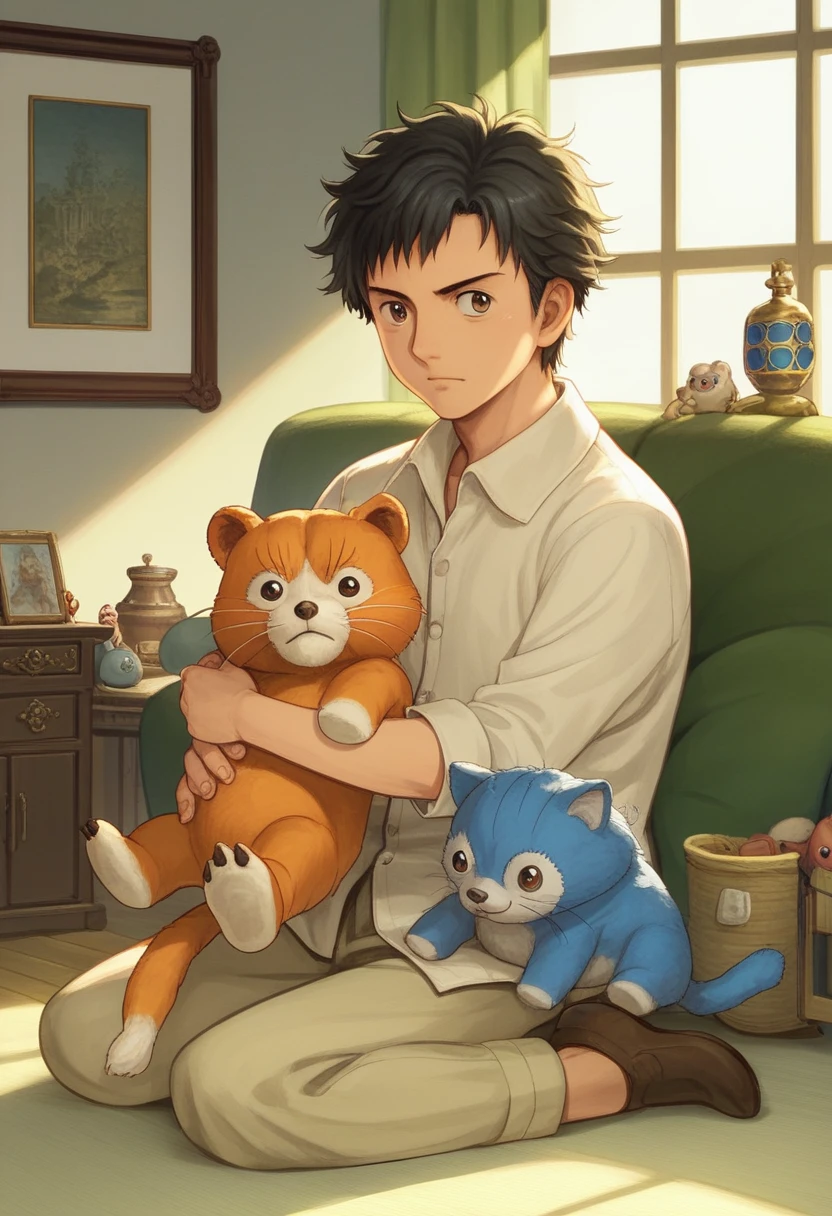 A little boy 5 years old,playing with toys in a living room, simple art inspired by studio ghibli's visual style, Baroque oil painting anime key visual full body portrait character concept art, brutalist grimdark fantasy, kuudere noble dictator, trending pixiv fanbox, rule of thirds golden ratio, by greg rutkowski wlop makoto shinkai takashi takeuchi studio ghibli jamie wyeth,short hair, Chinese eyes