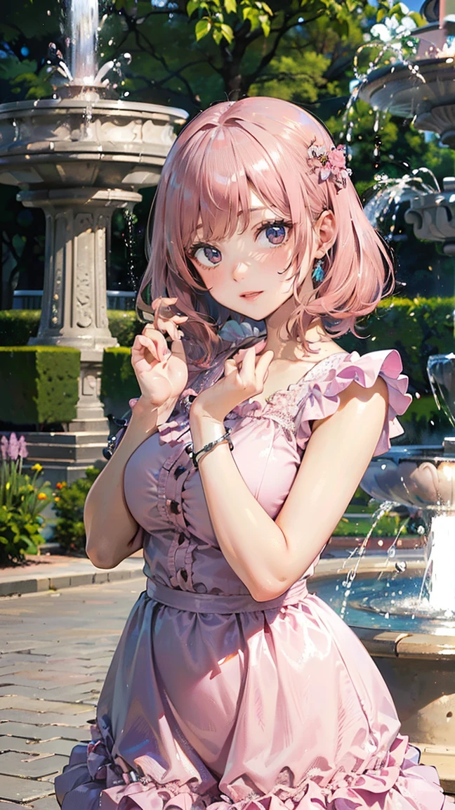 (Masterpiece, BestQuality:1.3), (ultra detailed:1.2), (hyperrealistic:1.3), (RAW photo:1.2), High detail RAW color photo, professional photograph, (Photorealistic:1.4), (realistic:1.4), (Pink Hair:1.5), professional lighting, perfect anatomy, (Big Breasts:1.2), (blush, detailed face), (A happy smile:1.7), sexly, erotic sexly, Random sexy gravure poses, (An elegant beauty wearing a lavender frilled dress、Smiling gracefully in front of the park fountain、Silver bracelet、Posing with hands over the fountain。:1.3)