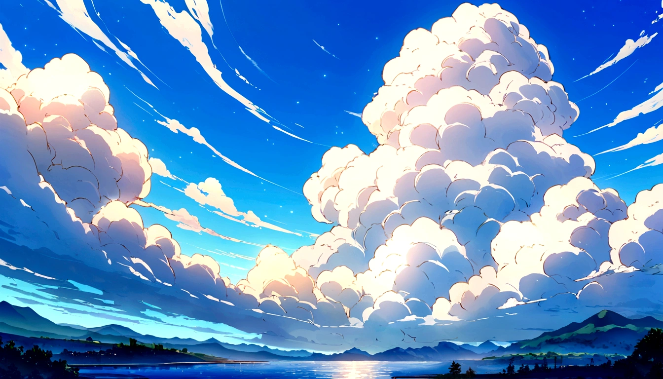 a picture of the sky with cloud and sun shining in the background, beautifull puffy cloud. anime, anime cloud, anime sky, blue sea. by Makoto Shinkai, beautiful anime scenery, Space Sky. by Makoto Shinkai, anime. by Makoto Shinkai, by Makoto Shinkai, by Makoto Shinkai, ( ( makoto shinkai ) ), anime scenery, anime atmospheric, Makoto Shinkai&#39;s Style, makoto shinkai. —h 2160, makoto shinkai. High detail, wallpaper anime blue water, Bright Sky、Heaven Background, cloud. Fantasy, anime landscape wallpaper, Makoto Shinkai&#39;s art style.(Quality-8k)