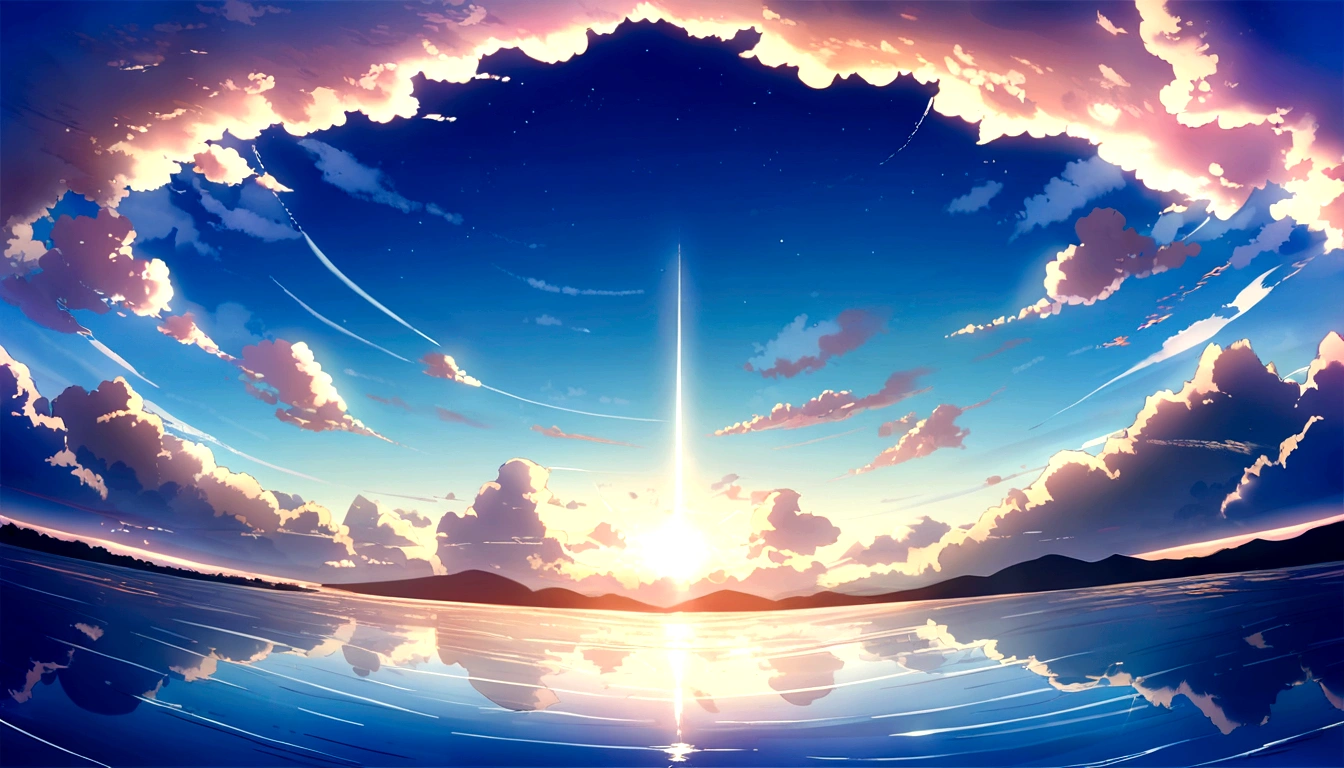 a picture of the sky with cloud and sun shining in the background, beautifull puffy cloud. anime, anime cloud, anime sky, blue sea. by Makoto Shinkai, beautiful anime scenery, Space Sky. by Makoto Shinkai, anime. by Makoto Shinkai, by Makoto Shinkai, by Makoto Shinkai, ( ( makoto shinkai ) ), anime scenery, anime atmospheric, Makoto Shinkai's Style, makoto shinkai. —h 2160, makoto shinkai. High detail, wallpaper anime blue water, Bright Sky、Heaven Background, cloud. Fantasy, anime landscape wallpaper, Makoto Shinkai's art style.(Quality-8k)