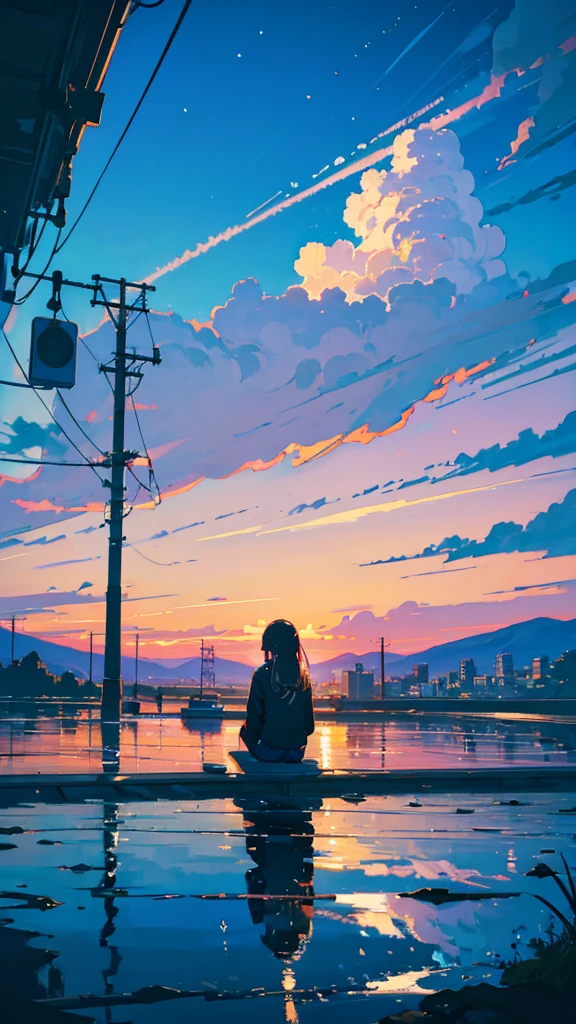 masterpiece, Exquisite detail,Highest quality, One girl, alone, handrail, cloud, buildings,Long Hair, NULL, Long sleeve, Power lines, White footwear, Black Hair, Electric pole, bangs, cloudy NULL, fish, bird, Green Eyes, Shorts, Day, Black Shirt, barefoot,Star,milky way,Meteors,Pitch black,Buildings,High quality anime art style,Standing painting,Splash ink background,Blue Themes,Clear Face,Distinct facial features,Fuji Mountain,Fuji Mountain,Buildings in Tokyo,Looking at me,View from behind,Shining Star々,milky way,sitting in water,Bright sky,Daytime,Looking straight ahead,Future City,train,Railroad crossing,sunset,A train running on the tracks