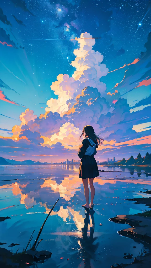masterpiece, Exquisite detail,Highest quality, One girl, alone, handrail, cloud, buildings,Long Hair, NULL, Long sleeve, Power lines, White footwear, Black Hair, Electric pole, bangs, cloudy NULL, fish, bird, Green Eyes, Shorts, Day, Black Shirt, barefoot,Star,milky way,Meteors,Pitch black,Buildings,High quality anime art style，Standing painting，Splash ink background,Blue Themes,Clear Face,Distinct facial features,Fuji Mountain,Fuji Mountain,Buildings in Tokyo,Looking at me,View from behind,Shining Star々,milky way,sitting in water,Bright sky,Daytime,Looking straight ahead,Future City,train,Railroad crossing,sunset,A train running on the tracks