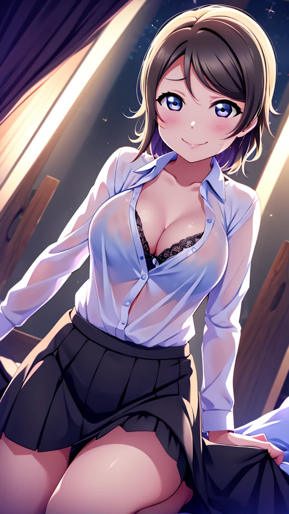 Love Live Watanabe You、leggings,、Dress shirt、Black Bra、Evil female executive、sexy、Sexy smile、lure、Alluring、Pitch black background、Bedroom at night