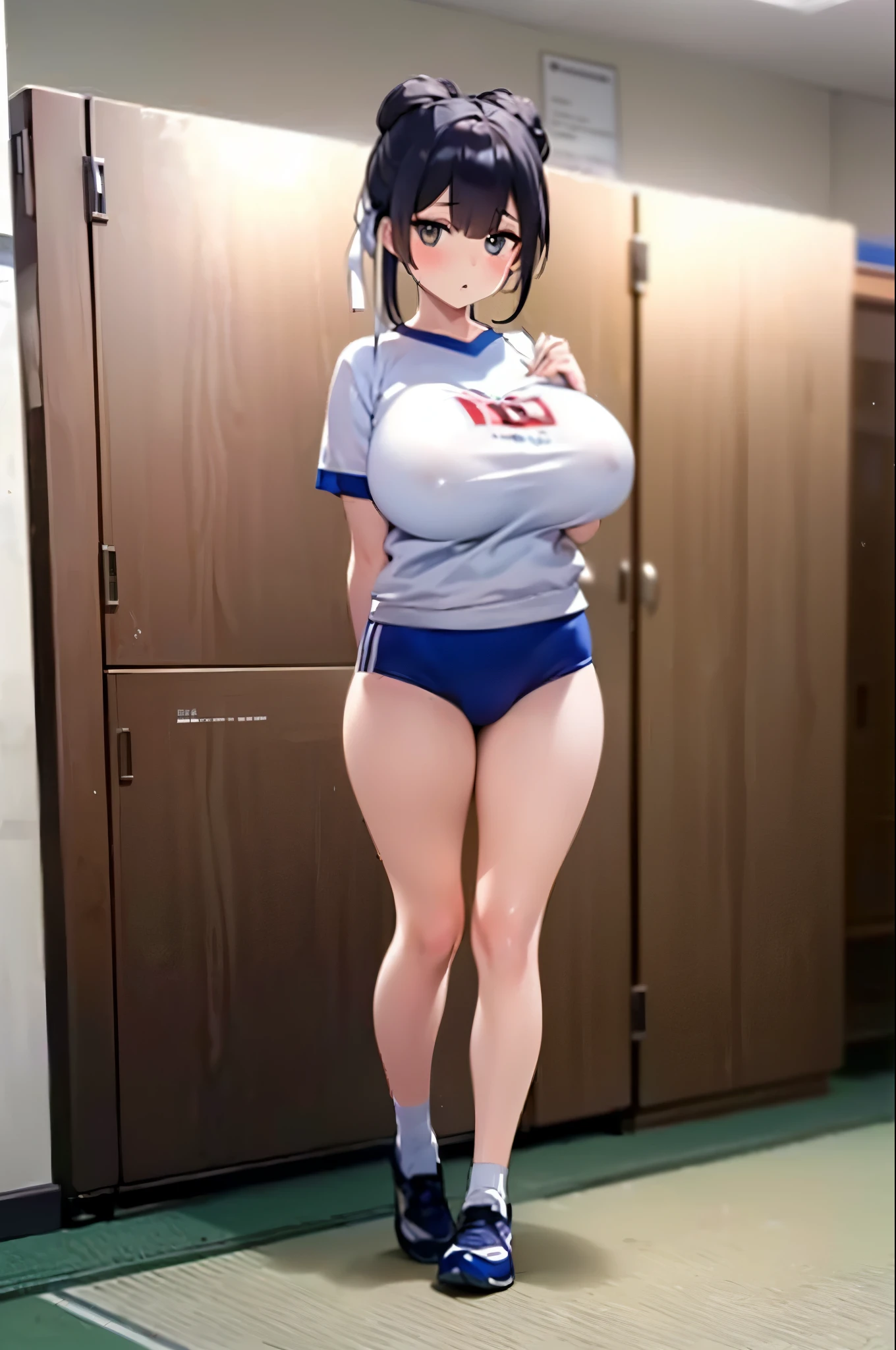 Thighs、(((One woman:1.5))),(Tall beauty),(eight-headed body:1.2),(masterpiece:1.4)、Chun-Li from Strike 2,(Highest quality:1.4)、Ultra-high resolution、Beautiful Features、太いThighs、20-year-old woman、Black Hair:1.3、Japanese white gym clothes、Navy Blue Bloomer、(Huge breasts:1.3)、blown eyes:1.5、Serious expression、locker room、Standing posture,(((Full body image:1.3))),