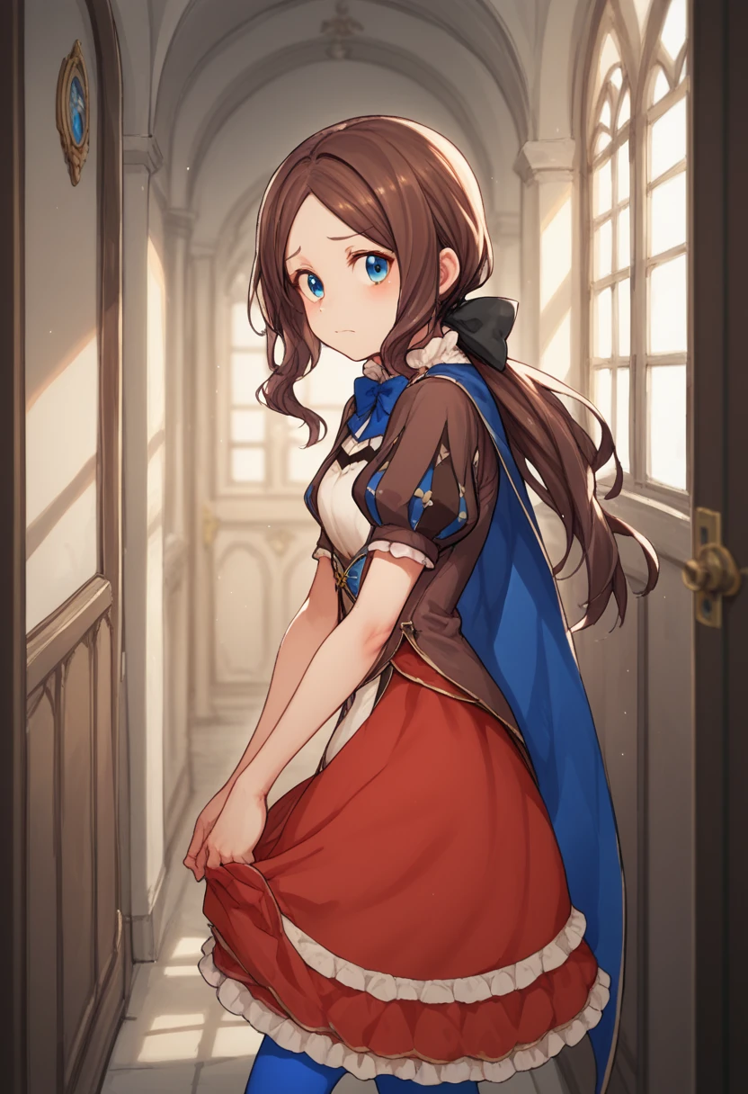 One girl, blue eyes, Long Hair, Brown Hair, Side Lock, Low Ponytail, ribbon, dress, White shirt, Puffy sleeves, Short sleeve, Red Skirt, Cape, Blue Pantyhose, corridor,I was pulled by the arm and forcibly dragged through the door.