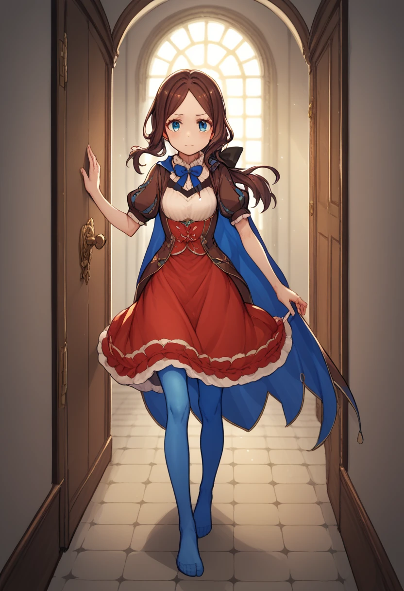 One girl, blue eyes, Long Hair, Brown Hair, Side Lock, Low Ponytail, ribbon, dress, White shirt, Puffy sleeves, Short sleeve, Red Skirt, Cape, Blue Pantyhose, corridor,I was pulled by the arm and forcibly dragged through the door.