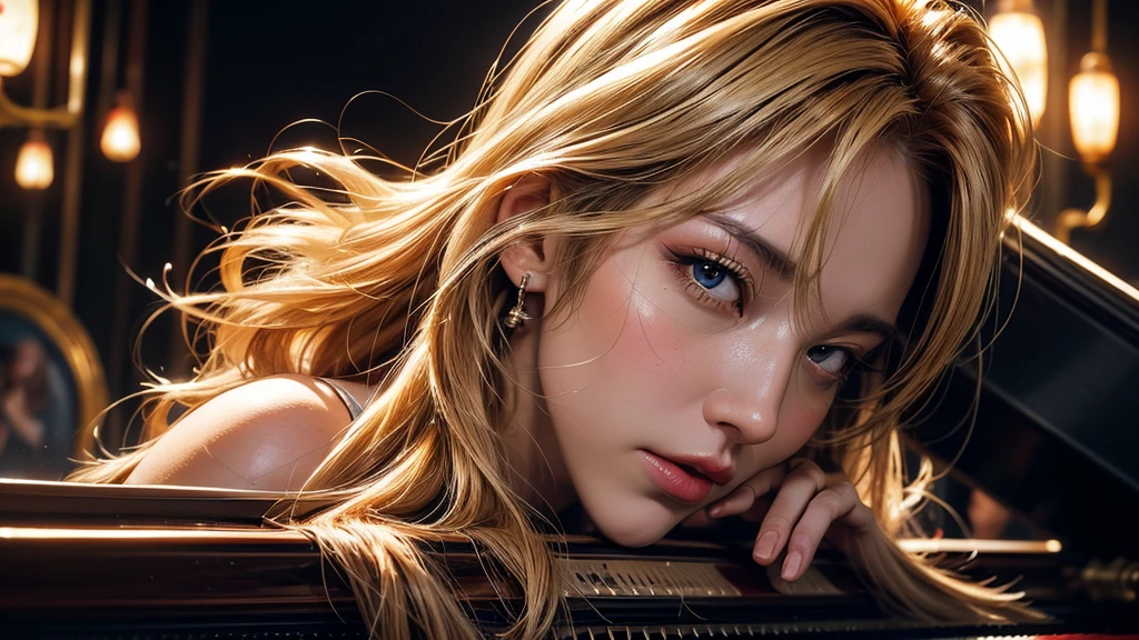 a beautiful woman,playing piano.With stunning facial features, long golden blonde hair, and a confident expression, Cast powerful fire magic spells, detailed portrait, Practical, photoPractical, best quality, 4k, 8K, High resolution, masterpiece, Extremely detailed, Bright colors, Dramatic Lighting