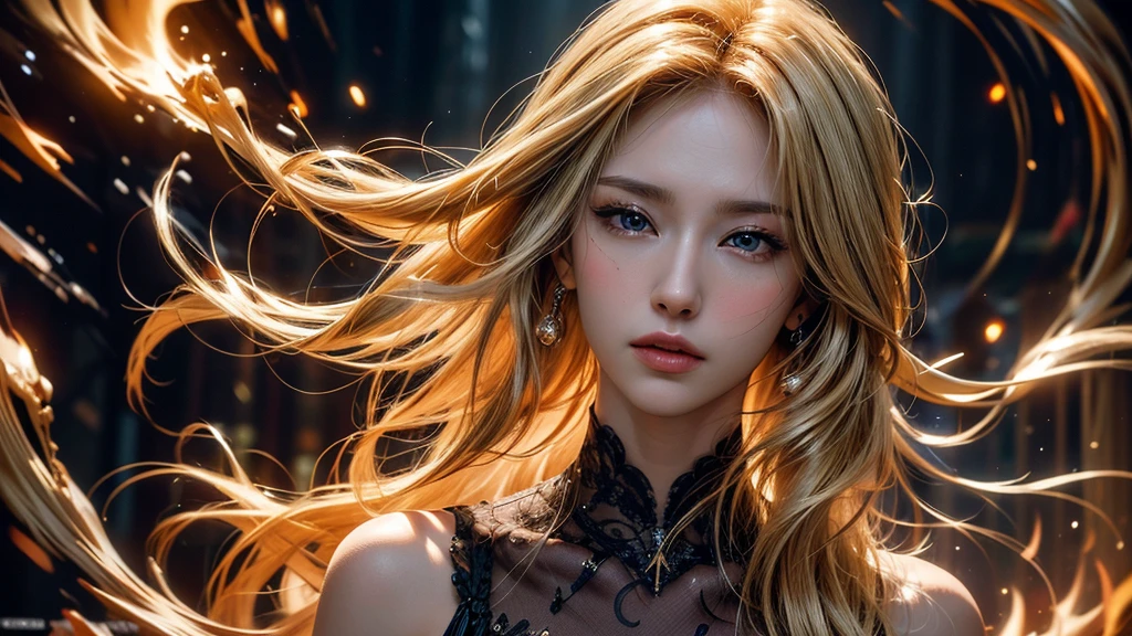a beautiful woman,playing piano.With stunning facial features, long golden blonde hair, and a confident expression, Cast powerful fire magic spells, detailed portrait, Practical, photoPractical, best quality, 4k, 8K, High resolution, masterpiece, Extremely detailed, Bright colors, Dramatic Lighting