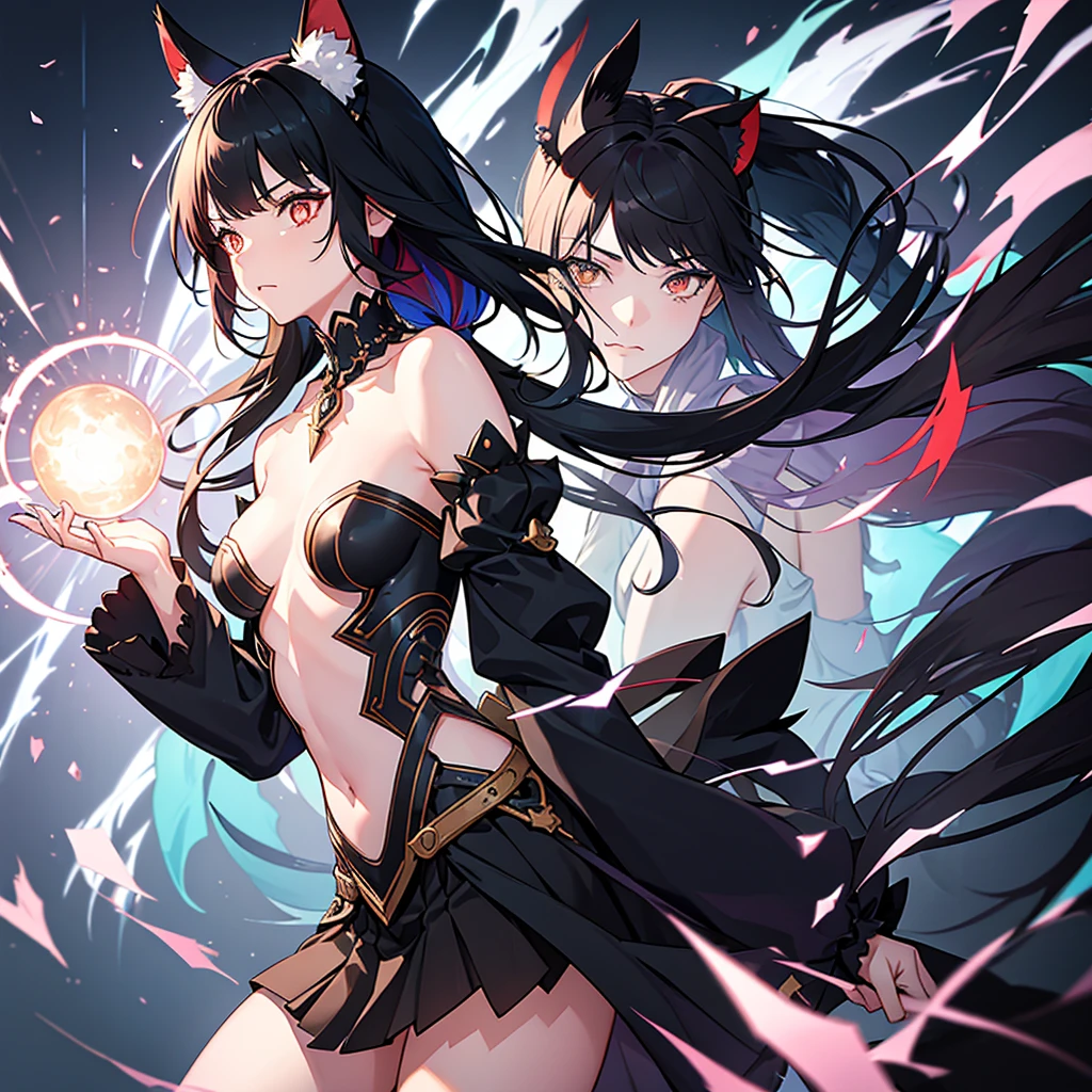 1 girl, detached sleeves, neckleace, multicolored hair, black hair long, animal ears, multiple tails, trunk, lindo rosto, perfectbody, glare eyes, work of art, best qualityer, focus on details, use ice or electricity, warrior or magician