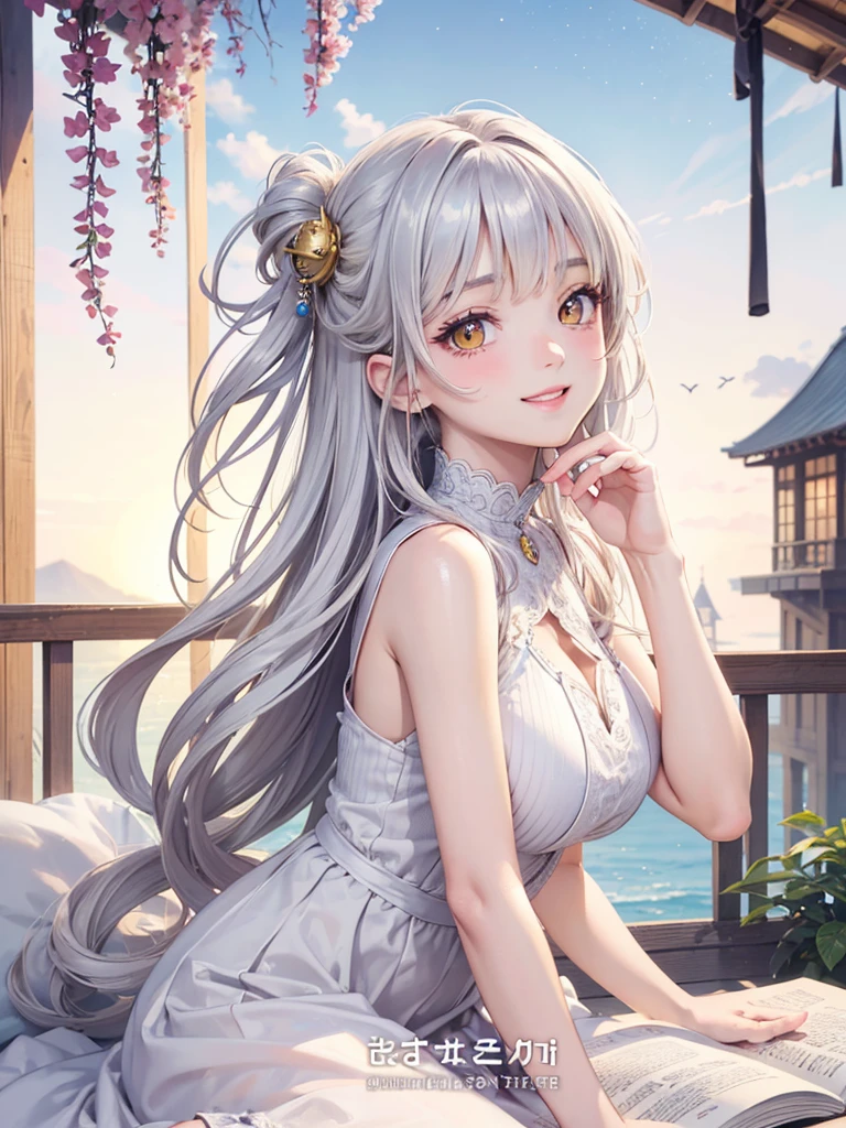 masterpiece、Highest quality、High resolution、High-quality images、8K, One 12-year-old girl、Skin Radiance、Texture of skin and clothing、Expression of fine eyes、Silver Hair,Long Hair Girl, Manga inspired by Lee Jong-suk, Trending on deviantart, Realism, detailed manga style, Manga art style, Perfect Line Drawing, Beautiful line art, digital manga art girl, dress, Beautiful yellow eyes, Fuller lips, Gorgeous face with attention to detail, (Cute Smile), charm, Innocent, Side view, (Perfectly detailed face), (Beautiful Hands) Photorealistic images, Written boundary depth, moonlight、Big Breasts