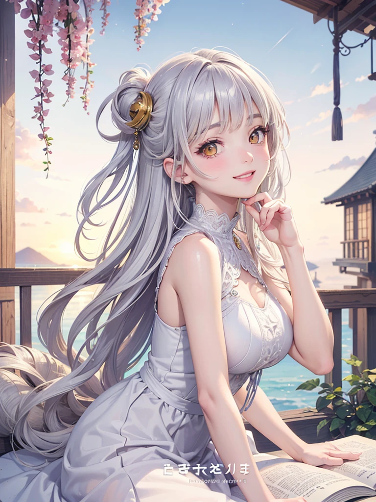 masterpiece、Highest quality、High resolution、High-quality images、8K, One 12-year-old girl、Skin Radiance、Texture of skin and clothing、Expression of fine eyes、Silver Hair,Long Hair Girl, Manga inspired by Lee Jong-suk, Trending on deviantart, Realism, detailed manga style, Manga art style, Perfect Line Drawing, Beautiful line art, digital manga art girl, dress, Beautiful yellow eyes, Fuller lips, Gorgeous face with attention to detail, (Cute Smile), charm, Innocent, Side view, (Perfectly detailed face), (Beautiful Hands) Photorealistic images, Written boundary depth, moonlight、Big Breasts