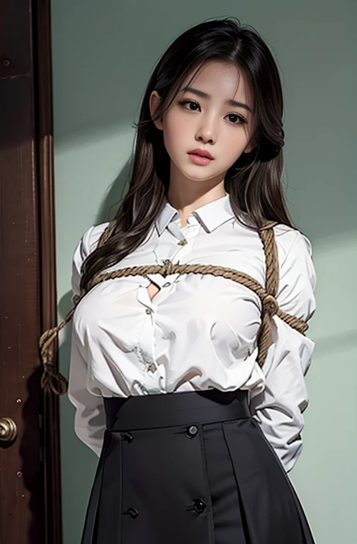 (In 8K、RAW Photos、Highest quality、Realistic、Photorealistic、Professional Lighting、masterpiece、Very delicate and beautiful、Very detailed、finely、Very detailedな、High resolution、Full Shot)、software、Classroom scenario、1 Girl、Beautiful woman(Woman 1)、Hands tied behind back、bondage、She is wearing a white jacket and a white tight mini skirt.、Beautiful Face:1.5、Slim proportions、Big Breasts、Wide Hips、Rope Bondage、She is standing