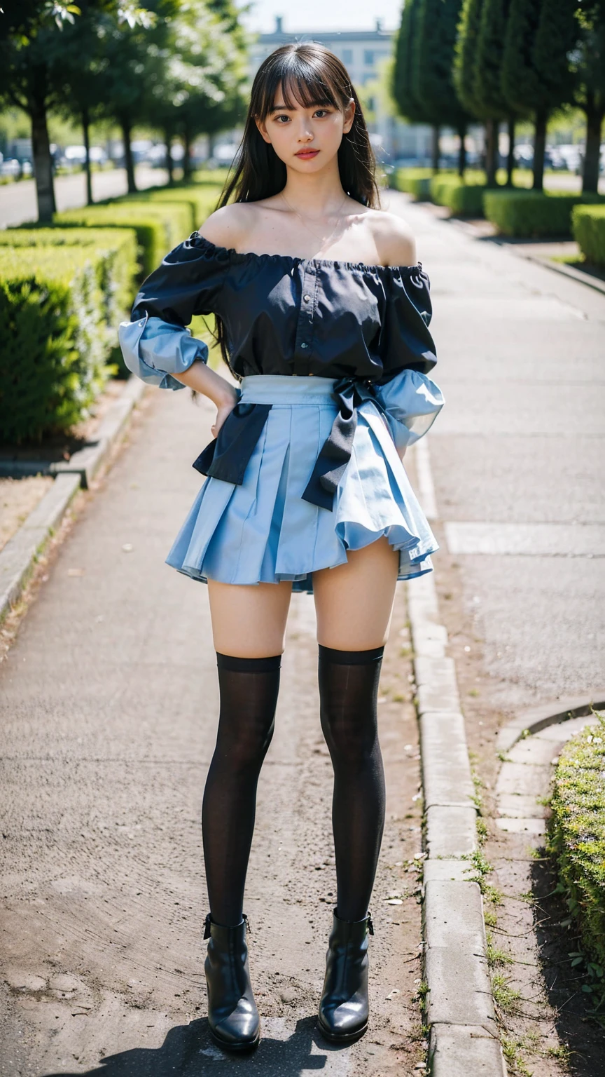 (8K、RAW Photos、Highest quality、masterpiece:1.2)、(Highest quality、Realistic)、1 Girl、((Frills、See-through、Off the shoulder、tights、Light blue and black mini skirt、Thin legs、whole body、boots、garden、View from the front、Looking into the camera、Idol Costume、、Stand with hands on hips))、cute