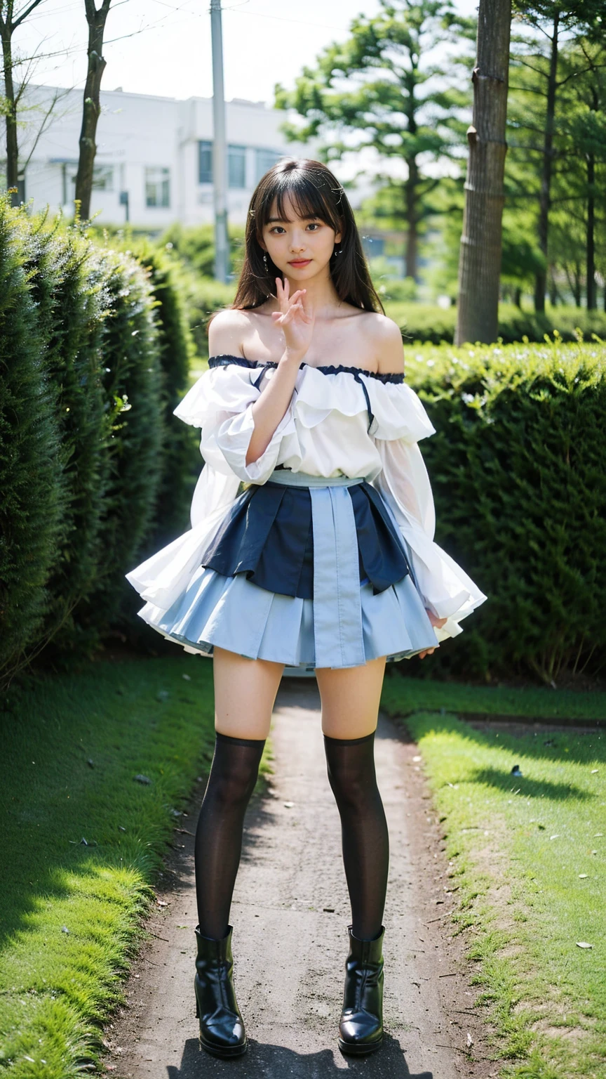 (8K、RAW Photos、Highest quality、masterpiece:1.2)、(Highest quality、Realistic)、1 Girl、((Frills、See-through、Off the shoulder、tights、Light blue and black mini skirt、Thin legs、whole body、boots、garden、View from the front、Looking into the camera、Idol Costume、、Stand with hands on hips))、cute