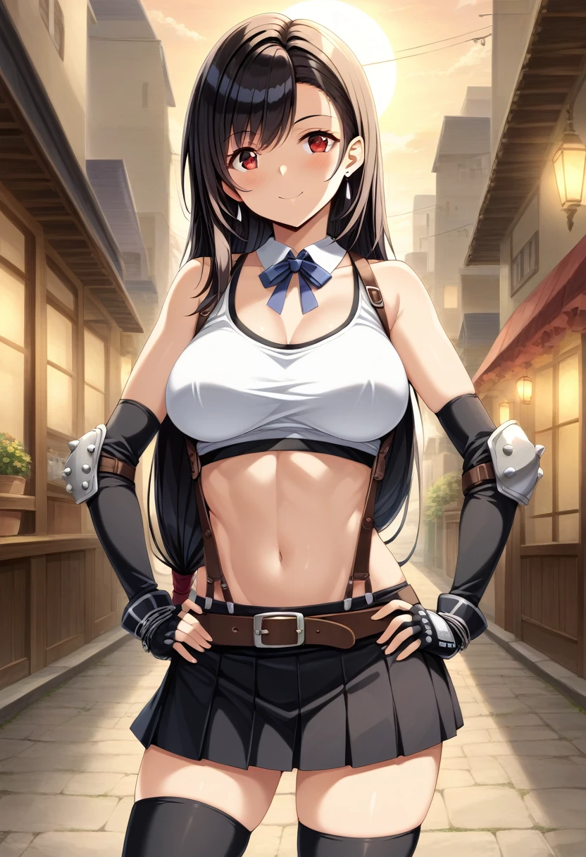 score_9, score_8_up, score_7_up, ,front_view,breast front view,,(soro focus),standing,straight-on,,(hands on hip),,,(upperbody),looking_at_viewer ,1girl, tifa lockhart, final fantasy,(beautiful woman). tareme,black hair, low-tied long hair, red eyes, bangs, white tank top,gap, belt, pleated skirt, thighhighs, elbow fingerless gloves, elbow pads, midriff, navel,suspender skirt.zettai ryouiki ,(large_breasts:1),((perky breasts;1,3)),(light smile),slender_waist:1.2 ,Solo,,(daytime and outdoors),(masterpeace),(best quality),((aesthetic,very aesthetic)),,highly detailed,(megami_magazine),(professional lighting),(cinematic lighting),great lighting,