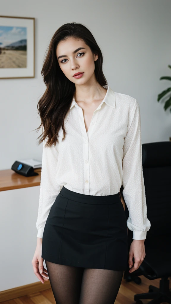 an Ukrainian woman with beautiful Delicate eyes, Beautiful and delicate lips, Extremely detailed face and skin, Pale skin, 23 years old, wearing a suit, black hip skirt, high heels, medium long shot, standing in the office, long legs, full body portrait. Beautiful photography,Long eyelashes, Good anatomy , Practical skin texture, Delicate eyes, professional, 4K, Wide-angle lens, Optical Depth of Field, Kodak Vision Color, Perfectly proportioned body, Extremely detailed, ultra-photoPractical, Practical, Post-Processing, Maximum details, Roughness, real life, ultra -Practical, Photorealism, photography, 8K Ultra HD, photography