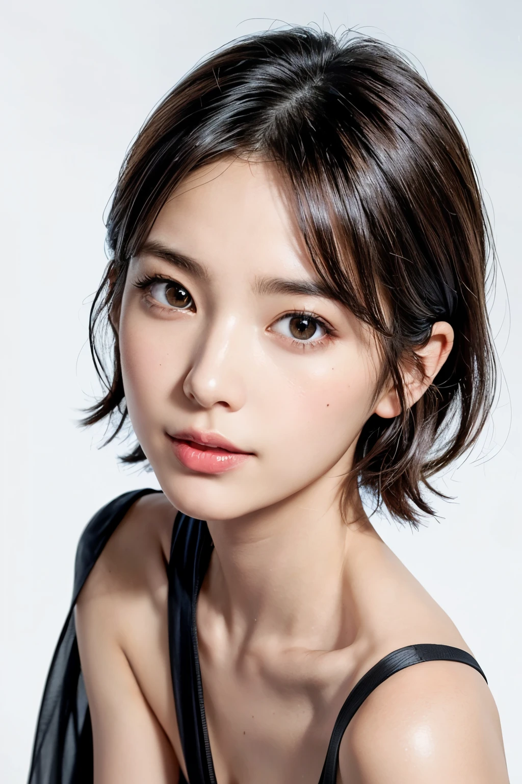 ((masterpiece, Highest quality, High resolution)), One Girl, (Realistic: 1.4), alone, White Background, snow-White Background, ((From above, A little above, look up at the viewer, look up, look up at the camera, Looking into the camera)), Mouth closed, Smile, Smile, Smile, Beautiful black hair, short hair, Big eyes, Transparent double eyelids, eyelash, Listen carefully, Long neck, Long neck, Absolute area, (Draw the whole head, shoulder), 19 years old, Attractive proportions, Shiny skin, Beautiful collarbone, Golden ratio face, Perfect Face, Tearful mole, Mole on chest, bangs:2, clean bangs:2, Lip gloss, Thin lips, Fair skin, naked, Big Breasts, Small face, Small face, Draw the whole head, draw all shoulder,