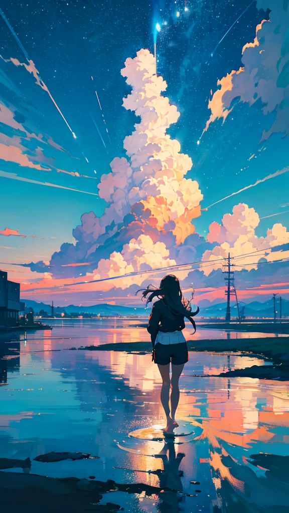 masterpiece, Exquisite detail,Highest quality, One girl, alone, handrail, cloud, buildings,Long Hair, NULL, Long sleeve, Power lines, White footwear, Black Hair, Electric pole, bangs, cloudy NULL, fish, bird, Green Eyes, Shorts, Day, Black Shirt, barefoot,Star,milky way,Meteors,Pitch black,Buildings,High quality anime art style,Standing painting,Splash ink background,Blue Themes,Clear Face,Distinct facial features,Fuji Mountain,Fuji Mountain,Buildings in Tokyo,Looking at me,View from behind,Shining Star々,milky way,sitting in water,Bright sky,Daytime,Looking straight ahead,Future City,train,Railroad crossing,sunset,A train running on the tracks,