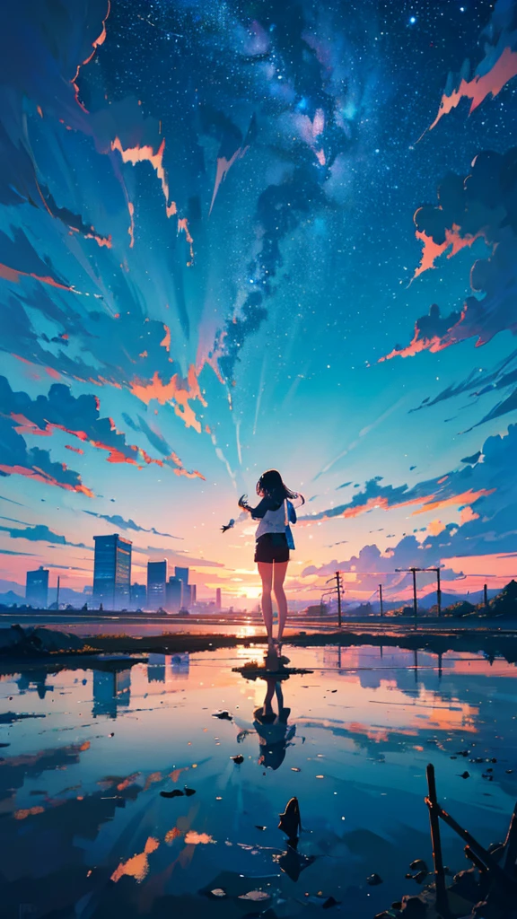 masterpiece, Exquisite detail,Highest quality, One girl, alone, handrail, cloud, buildings,Long Hair, NULL, Long sleeve, Power lines, White footwear, Black Hair, Electric pole, bangs, cloudy NULL, fish, bird, Green Eyes, Shorts, Day, Black Shirt, barefoot,Star,milky way,Meteors,Pitch black,Buildings,High quality anime art style，Standing painting，Splash ink background,Blue Themes,Clear Face,Distinct facial features,Fuji Mountain,Fuji Mountain,Buildings in Tokyo,Looking at me,View from behind,Shining Star々,milky way,sitting in water,Bright sky,Daytime,Looking straight ahead,Future City,train,Railroad crossing,sunset,A train running on the tracks,