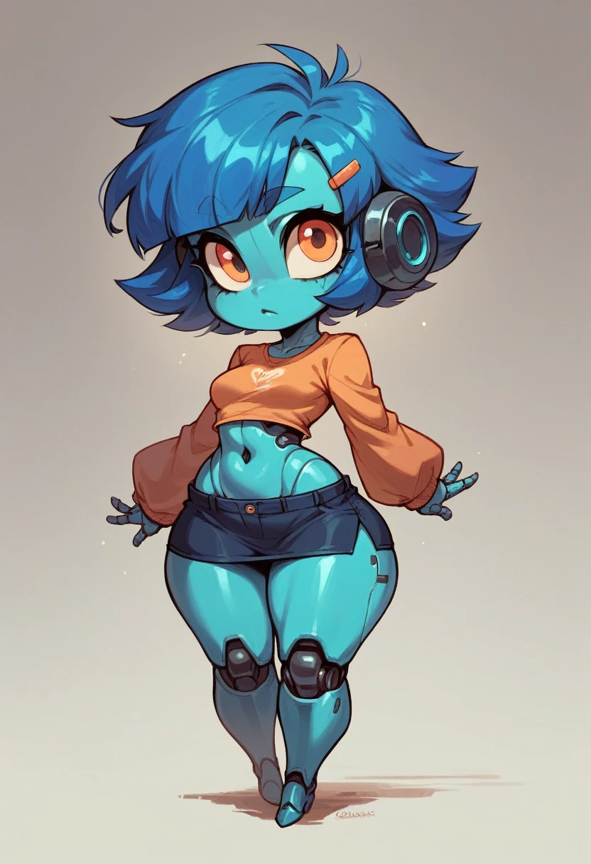 Robot female , short stack,big butt ,wearing short dress , short Breasts , BLUE hair ,sci-fi Style ,