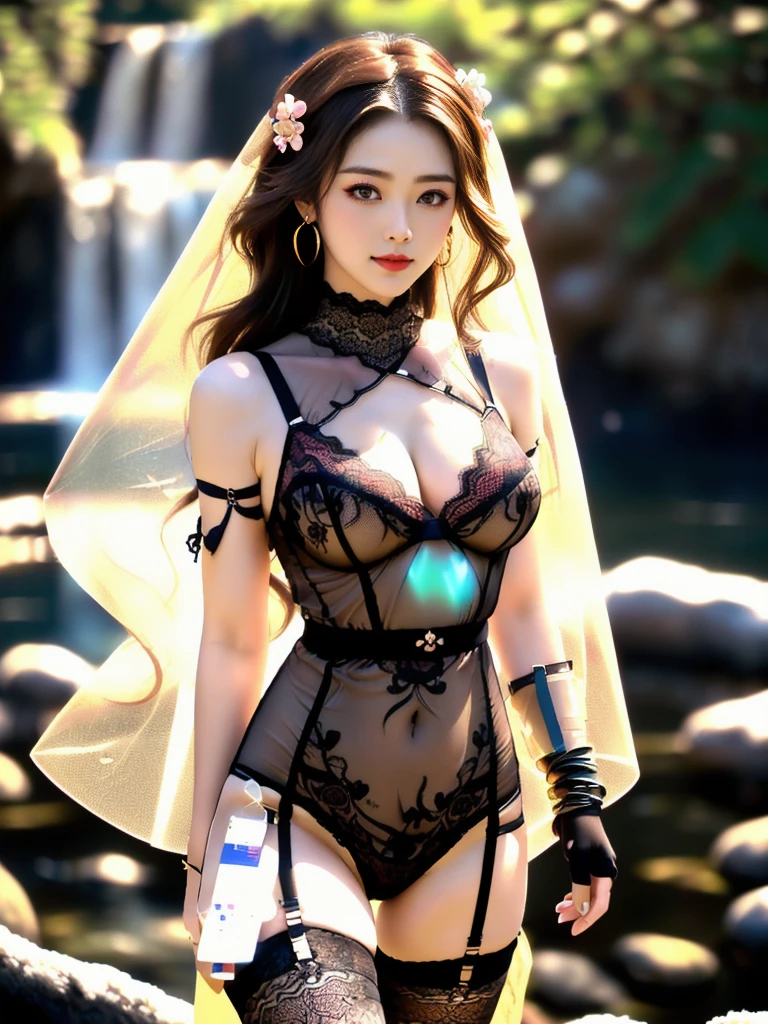 An Asian Chinese female model, (Waterfall Background), (8K Ultra HD, Digital SLR Camera, Soft Light, high quality, Volumetric Lighting, frank, photo, high resolution, 4K, 8K, Bokeh), ((Create stunning images of real girls), warm light, Dynamic poses, Elegant Posture, Cowboy lens, Full body front view, From the front,Be confident, Body facing the camera, Standing posture facing the camera, Open your legs slightly, Golden Ratio Graphics, Minimalism), (Show a charming smile, Willow Leaf Eyebrows, big eyes, Apricot eye prick, Cherry Blossom, Balanced Eyes, Oval face, Pretty Face, Normal facial features, Skin is transparent and visible, Thin skin and tender meat, cosmetic, earrings, bracelet, necklace, Jewelry, veil, Hair accessories), (Brown hair, Wavy curly hairstyle, Waist-length hair, Messy Hairstyle, Gradient hairstyles, Cyberpunk hairstyle), ((Transparent clothes:1.5), (The color of the clothes:Coral Red Nightdress, Mesh clothes, Fully transparent mesh maxi dress, Lace sexy lingerie), (Sexy, Perfect breast shape, Teardrop chest shape, Snow-white breasts, very detailed breasts, 34E cup), (Super high waist clothes, Chest hollow,(Camel toe, High fork strangulation)), (Black socks, Sheer lace knee socks, 吊garter, Leg ring, garter, 腿部garter)