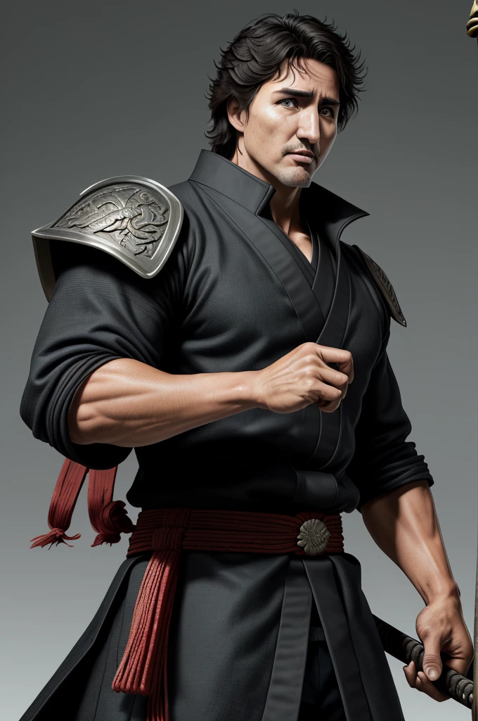 Highest quality，High resolution，((Justin Trudeau)) ，Canada，Kenshiro，Fist of the North Star，samurai，One person，warrior，（black_coat），kimono，male，One personで，Middle Age，Swordsman，strongest，Anime Style，(Limbs)，(Full Finger)，(Accurate fingertips), (The finer details), (Super detailed)，(Japanese sword:)，4K，(high resolution)，whole body, (Front angle), Looking at the camera,masterpiece，(Subtle details)，(Intricate details)，Octane Rendering，(Hyper Detail)，