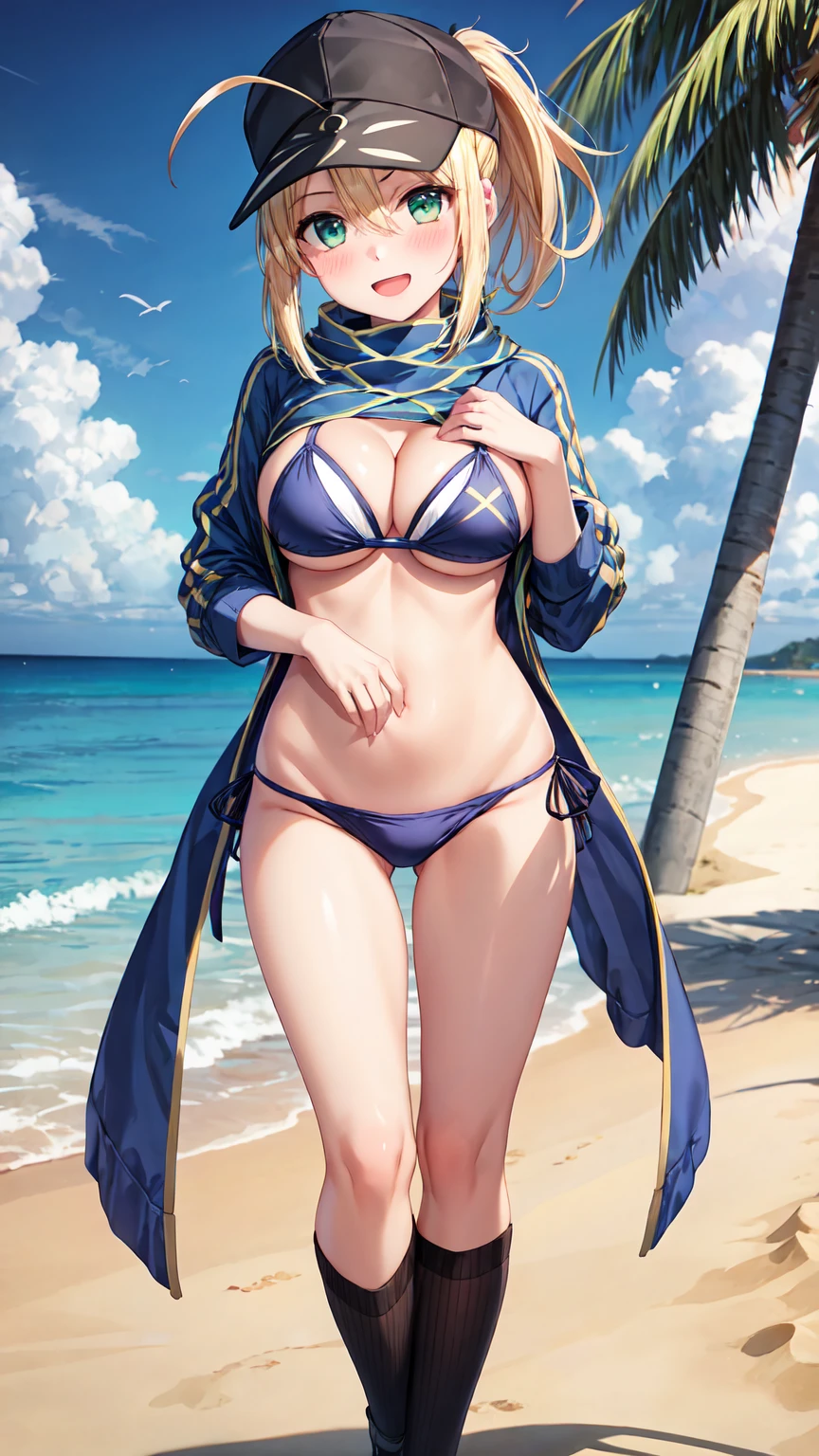 Masterpiece ,best quality , high resolution , (1 girl solo:1.38) , (Mysterious Heroine X , ahoge,blonde hair , baseball cap , ponytail, hair between eyes) , (cleavage:1.2) , (medium breast:1.28) , ( wear bikini , stockings) , (cleavage:1.15) , (big breast:1.1) , (face view , front view , from front , look at view ) , (outdoor , sea , ocean, sand , beach ) , (thighs , standing ) , ( smile , open mouth , full face blush , shy )