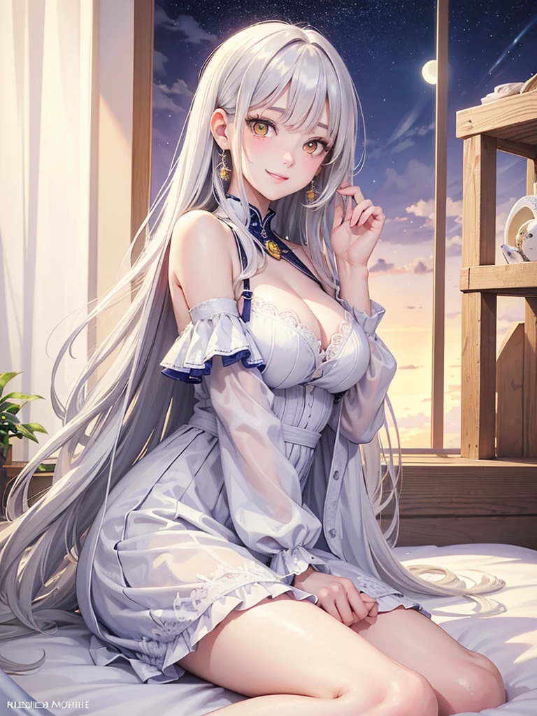 masterpiece、Highest quality、High resolution、High-quality images、8K, One 、Skin Radiance、Texture of skin and clothing、Expression of fine eyes、Silver Hair,Long Hair Girl, Manga inspired by Lee Jong-suk, Trending on deviantart, Realism, detailed manga style, Manga art style, Perfect Line Drawing, Beautiful line art, digital manga art girl, dress, Beautiful yellow eyes, Fuller lips, Gorgeous face with attention to detail, (Cute Smile), charm, Innocent, Side view, (Perfectly detailed face), (Beautiful Hands) Photorealistic images, Written boundary depth, moonlight、Big Breasts
