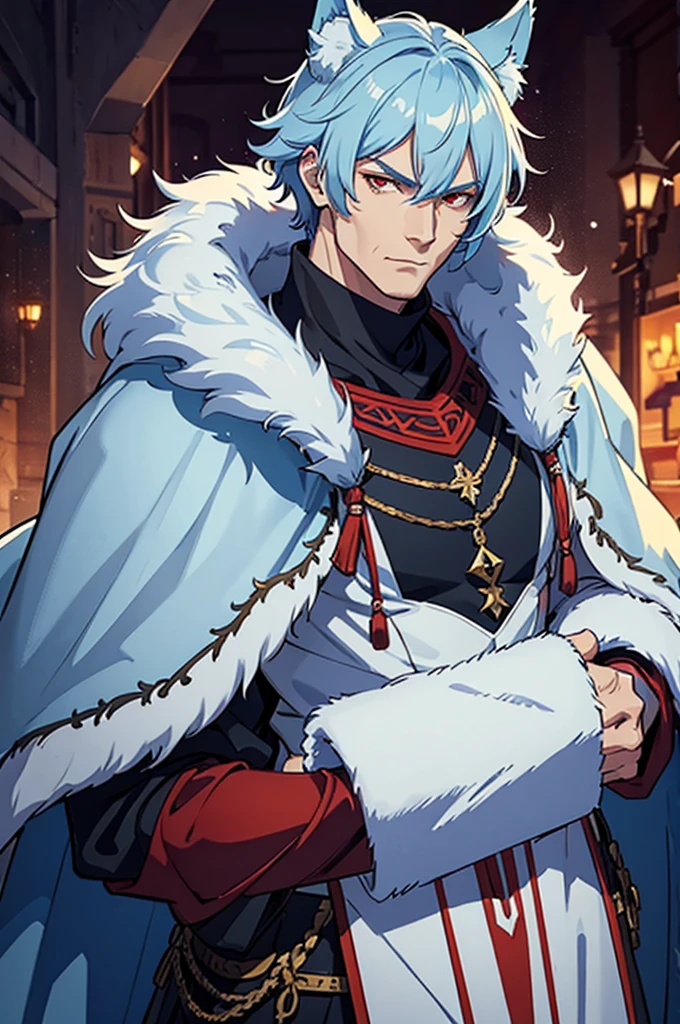 Tall man, wolf ears, Fur cape, armor, winter background, Buff, Stern look, light blue hair, red eyes, martial artist, armor buff, older man