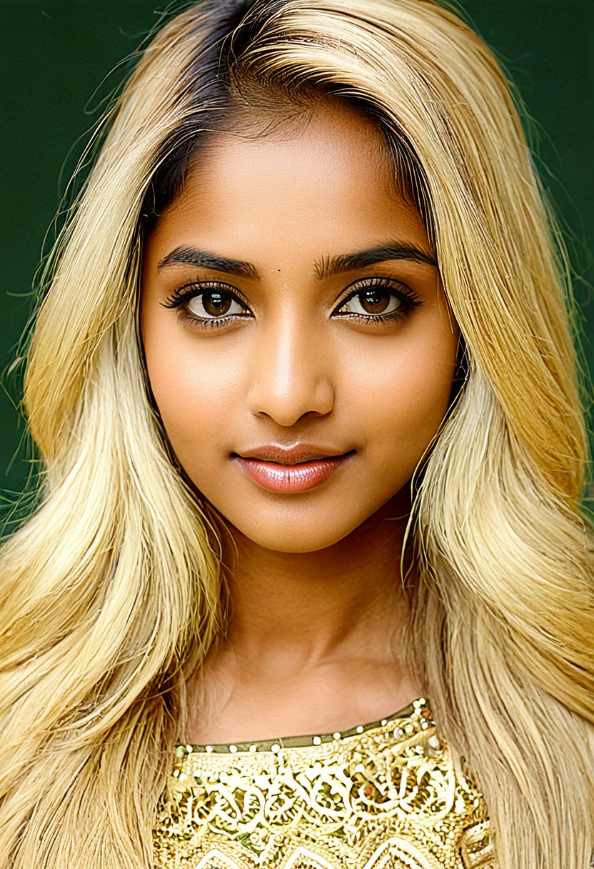 Create photo of a beautiful light Indian skinned girl with blonde hair and visually from the United States. 