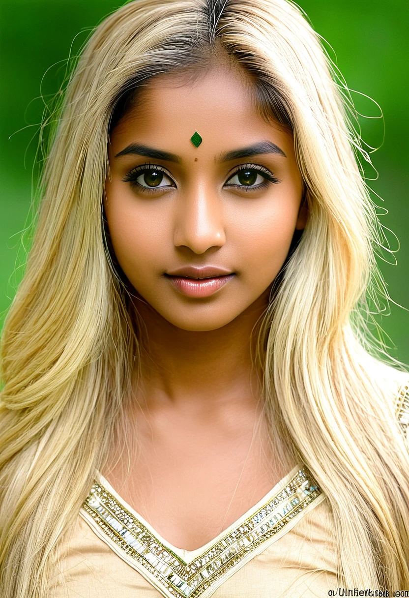 Create photo of a beautiful light Indian skinned girl with blonde hair and visually from the United States. 