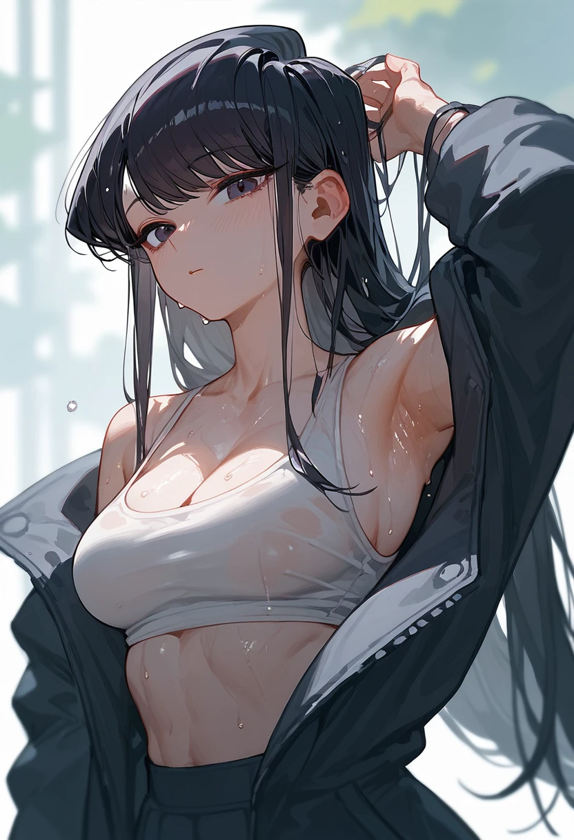 score_9, score_8_up, score_7_up, score_6_up, score_5_up, 1girl, solo, Komi Shouko, black hair, open jacket, sweat, armpit peak, hot, summer