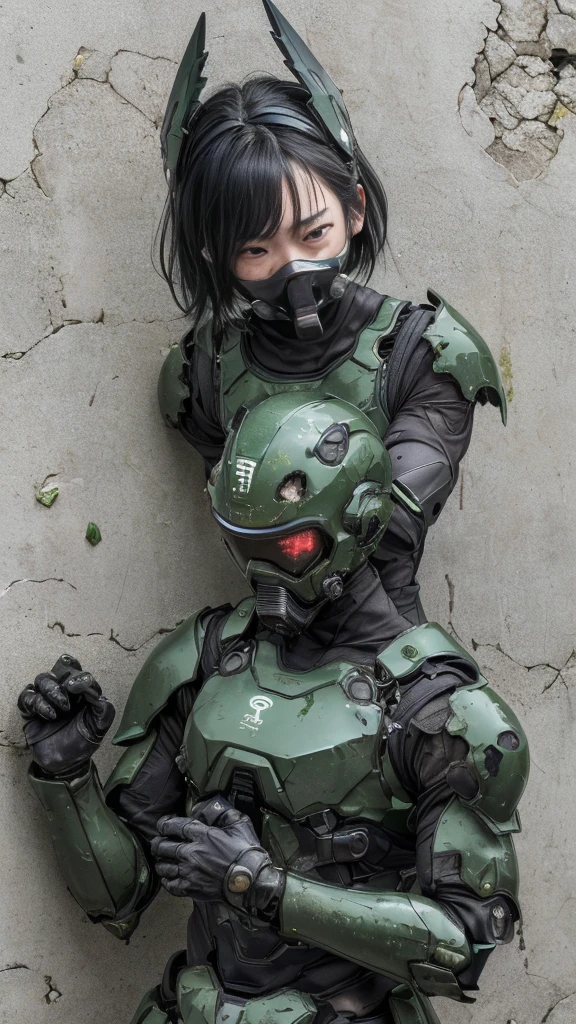, Advanced Details, high quality, 最high quality, High resolution, 1080P 、Bleeding from the wound、Sexy Eyes、Wearing green and black、cute((The whole body is sweating))(Equipped with a damaged battle suit....)(Dark green armor)(Broken Armor)Black Hair、Chiquita、short hair、Open your mouth、Painful expression、It hurts again、Healthy Skin、20-year-old female　defeat　(Steam coming out of the face) ((Steam from the body)) 　Unable to fight　Severe attacks　((I was thrown against the wall、Head gear is broken.　)) flying debris　bare hands　Armor Stripping　Gas mask explodes