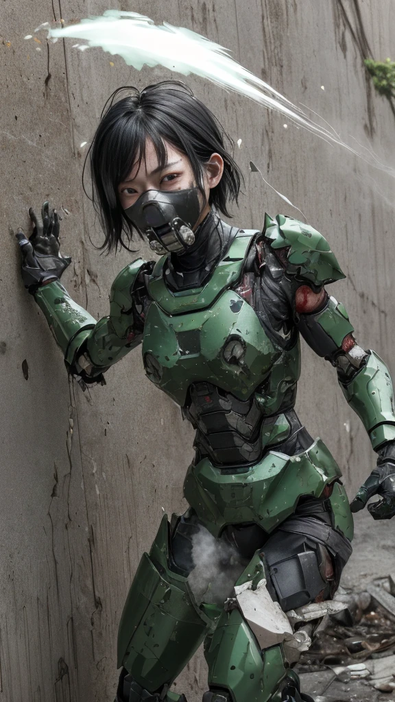 , Advanced Details, high quality, 最high quality, High resolution, 1080P 、Bleeding from the wound、Sexy Eyes、Wearing green and black、cute((The whole body is sweating))(Equipped with a damaged battle suit....)(Dark green armor)(Broken Armor)Black Hair、Chiquita、short hair、Open your mouth、Painful expression、It hurts again、Healthy Skin、20-year-old female　defeat　(Steam coming out of the face) ((Steam from the body)) 　Unable to fight　Severe attacks　((I was thrown against the wall、Head gear is broken.　)) flying debris　bare hands　Armor Stripping　Gas mask explodes