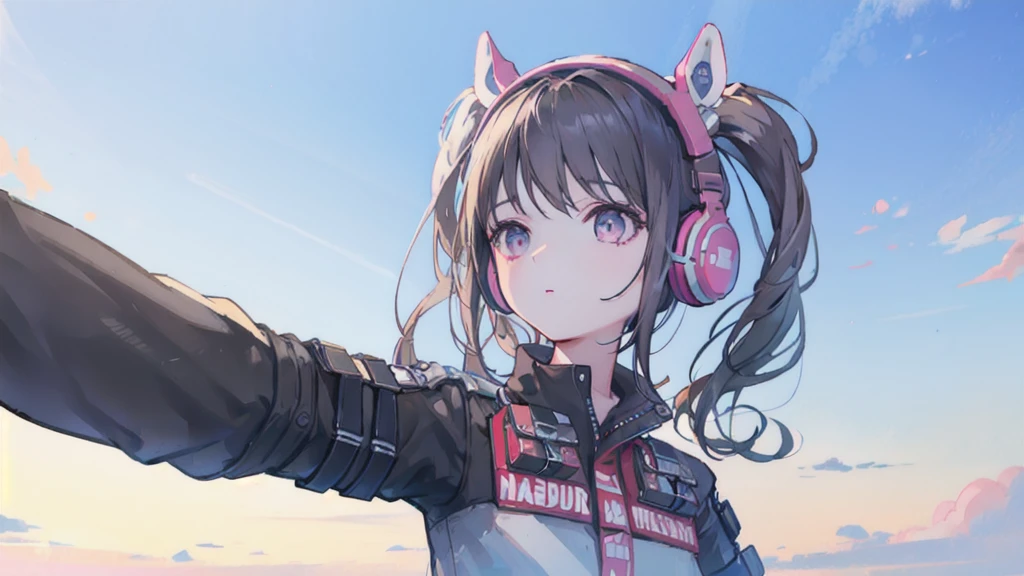 night, outside, Upper Body, From afar, Looking up at the sky,One Girl, Headphones, Downcast eyes, Black Hair, Dark Eyes,