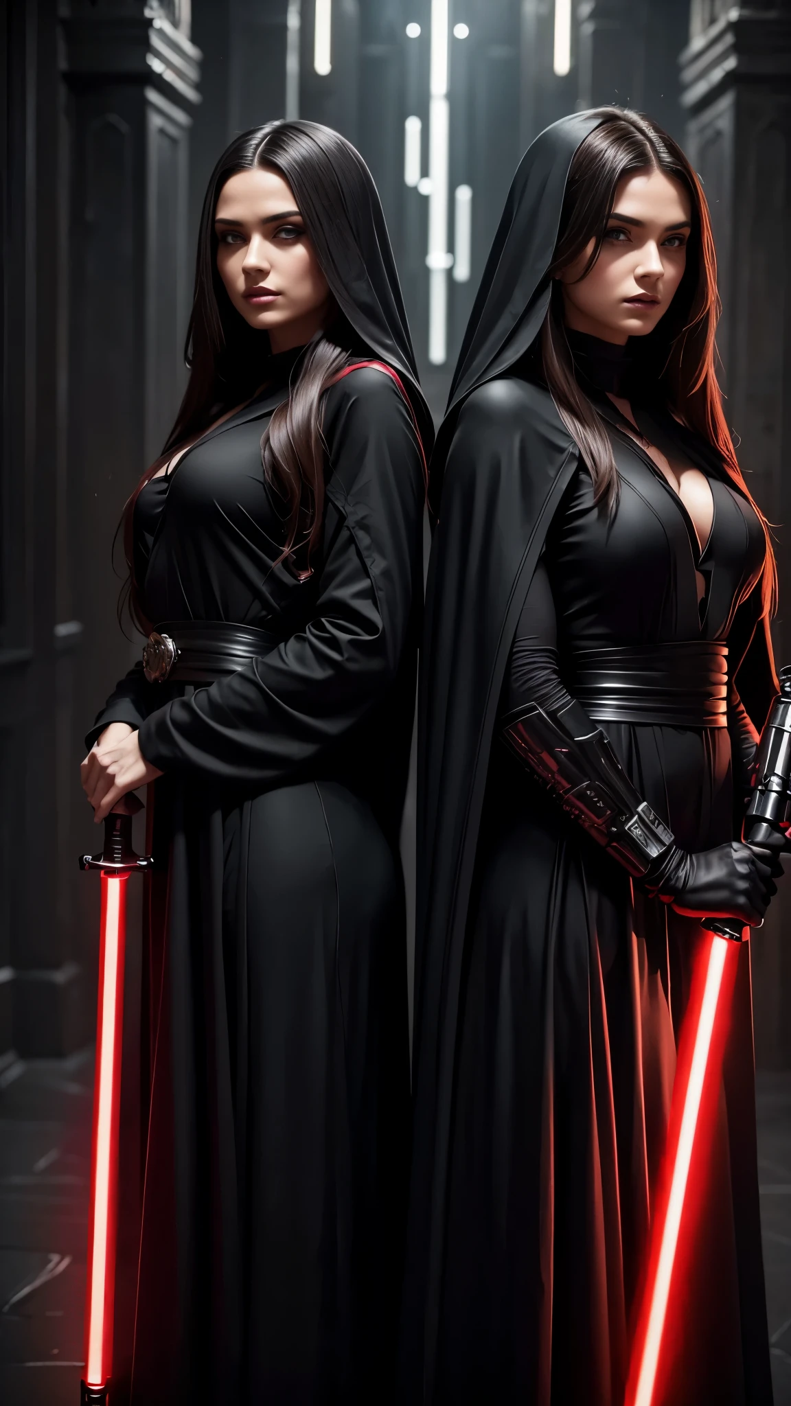 2 beautiful detailed woman with long dark hair wearing a black hooded robe, dramatic lighting,glowing red lightsaber,(2 girls,masterpiece:1.2),ultra-detailed,photorealistic,sci-fi,dramatic cinematic lighting,moody atmosphere,dark fantasy,high contrast,muted color palette