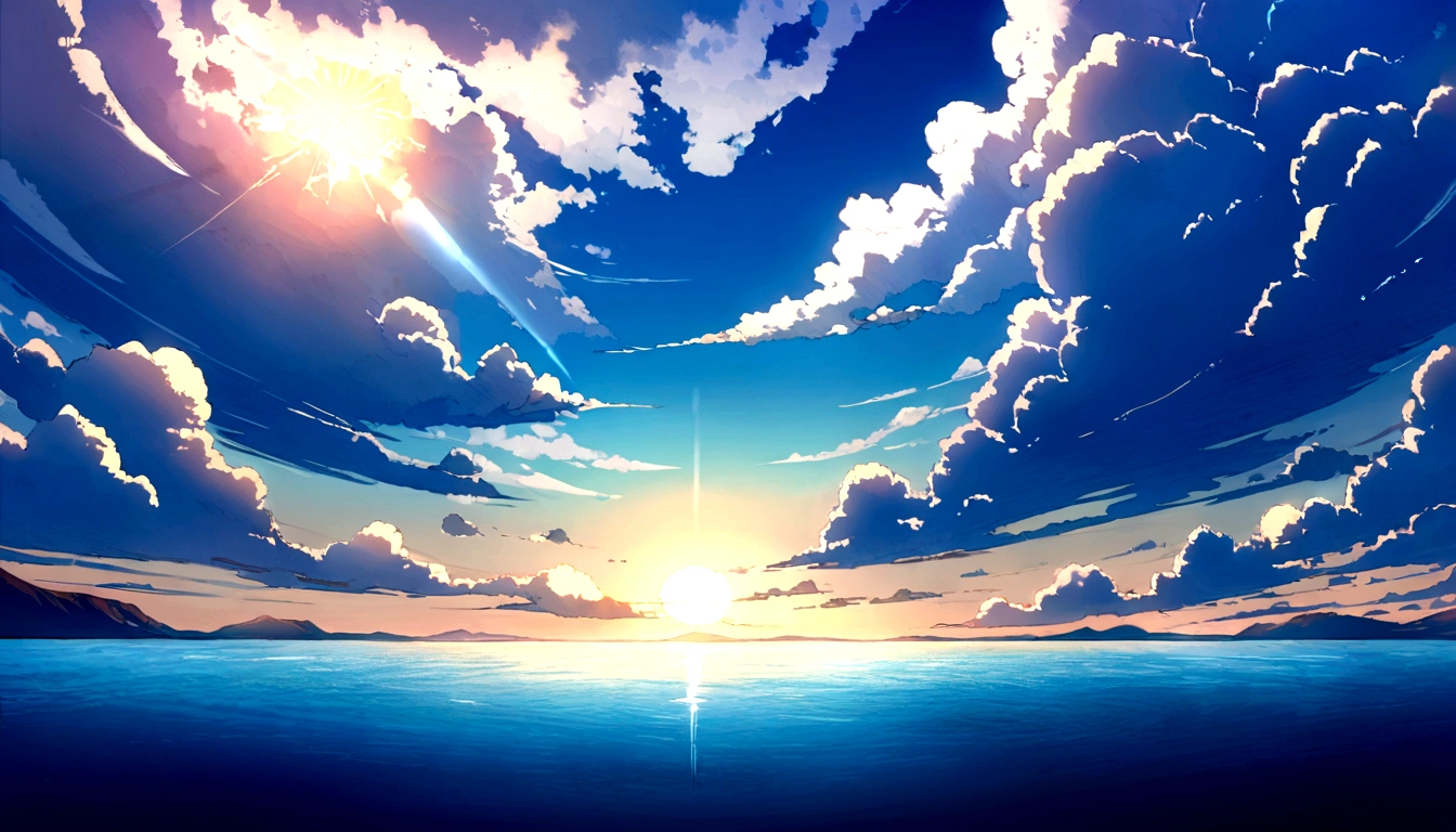 a picture of the sky with cloud and sun shining in the background, beautifull puffy cloud. anime, anime cloud, anime sky, blue sea. by Makoto Shinkai, beautiful anime scenery, Space Sky. by Makoto Shinkai, anime. by Makoto Shinkai, by Makoto Shinkai, by Makoto Shinkai, ( ( makoto shinkai ) ), anime scenery, anime atmospheric, Makoto Shinkai's Style, makoto shinkai. —h 2160, makoto shinkai. High detail, wallpaper anime blue water, Bright Sky、Heaven Background, cloud. Fantasy, anime landscape wallpaper, Makoto Shinkai's art style.(Quality-8k),彗star、star、流star群