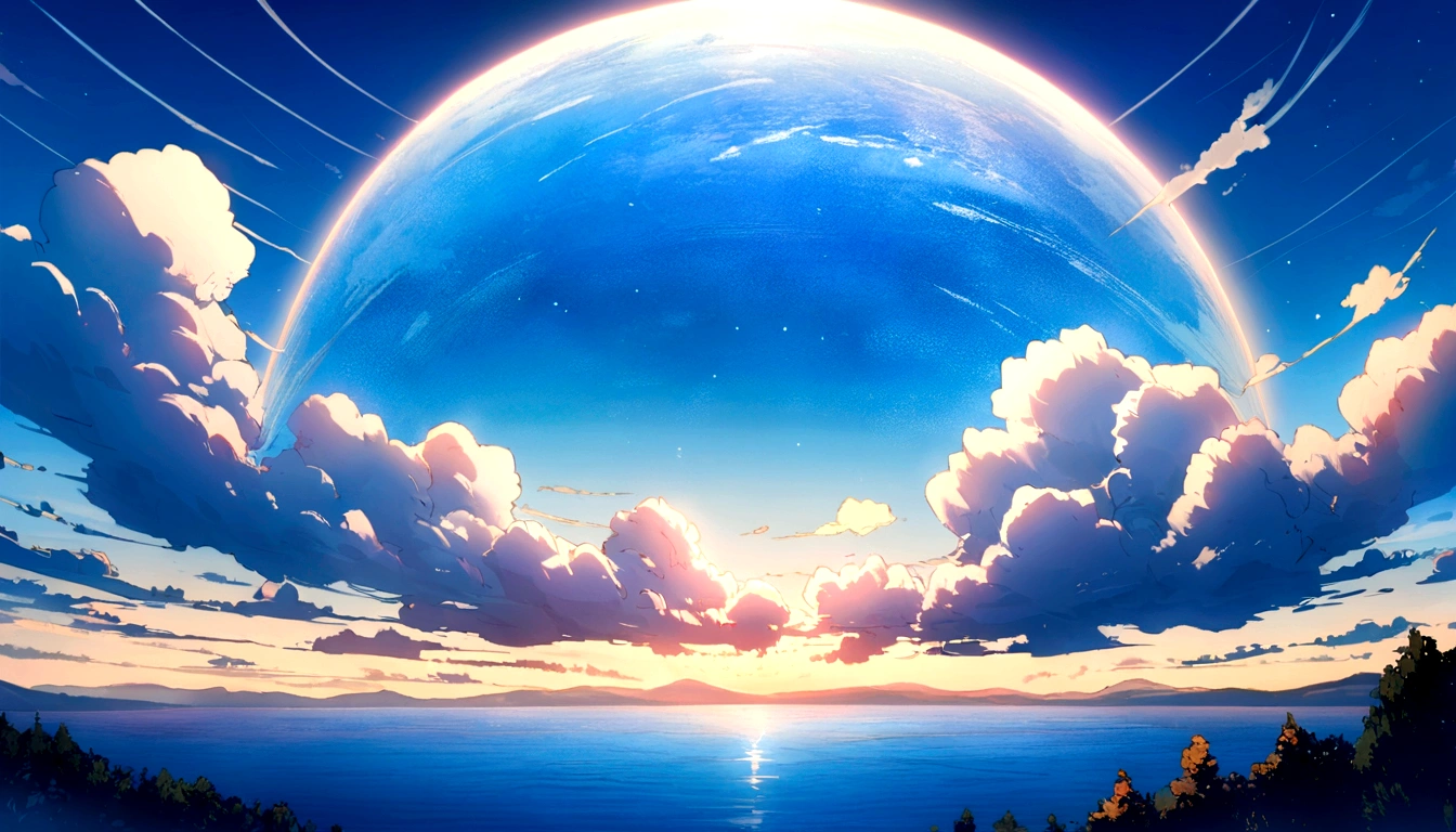 a picture of the sky with cloud and sun shining in the background, beautifull puffy cloud. anime, anime cloud, anime sky, blue sea. by Makoto Shinkai, beautiful anime scenery, Space Sky. by Makoto Shinkai, anime. by Makoto Shinkai, by Makoto Shinkai, by Makoto Shinkai, ( ( makoto shinkai ) ), anime scenery, anime atmospheric, Makoto Shinkai's Style, makoto shinkai. —h 2160, makoto shinkai. High detail, wallpaper anime blue water, Bright Sky、Heaven Background, cloud. Fantasy, anime landscape wallpaper, Makoto Shinkai's art style.(Quality-8k),彗star、star、流star群