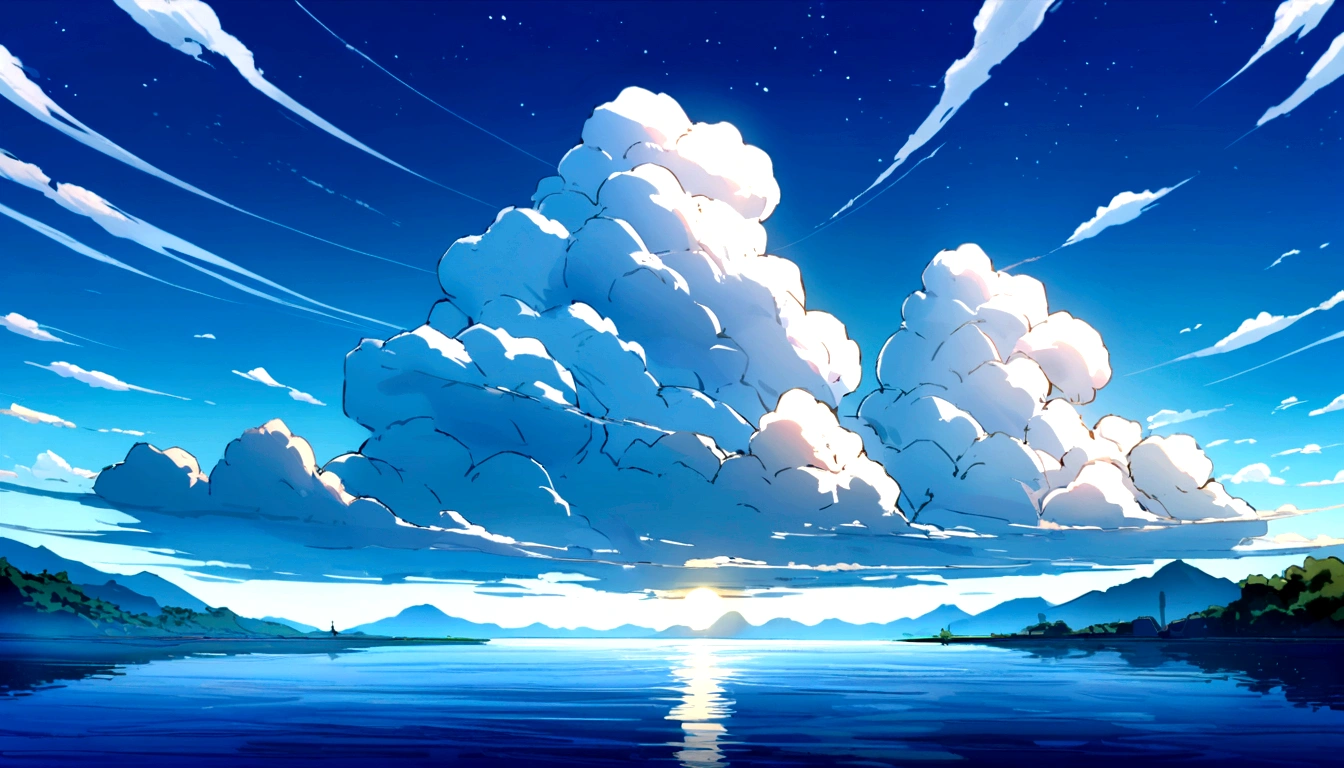 a picture of the sky with cloud and sun shining in the background, beautifull puffy cloud. anime, anime cloud, anime sky, blue sea. by Makoto Shinkai, beautiful anime scenery, Space Sky. by Makoto Shinkai, anime. by Makoto Shinkai, by Makoto Shinkai, by Makoto Shinkai, ( ( makoto shinkai ) ), anime scenery, anime atmospheric, Makoto Shinkai's Style, makoto shinkai. —h 2160, makoto shinkai. High detail, wallpaper anime blue water, Bright Sky、Heaven Background, cloud. Fantasy, anime landscape wallpaper, Makoto Shinkai's art style.(Quality-8k),彗star、star、流star群